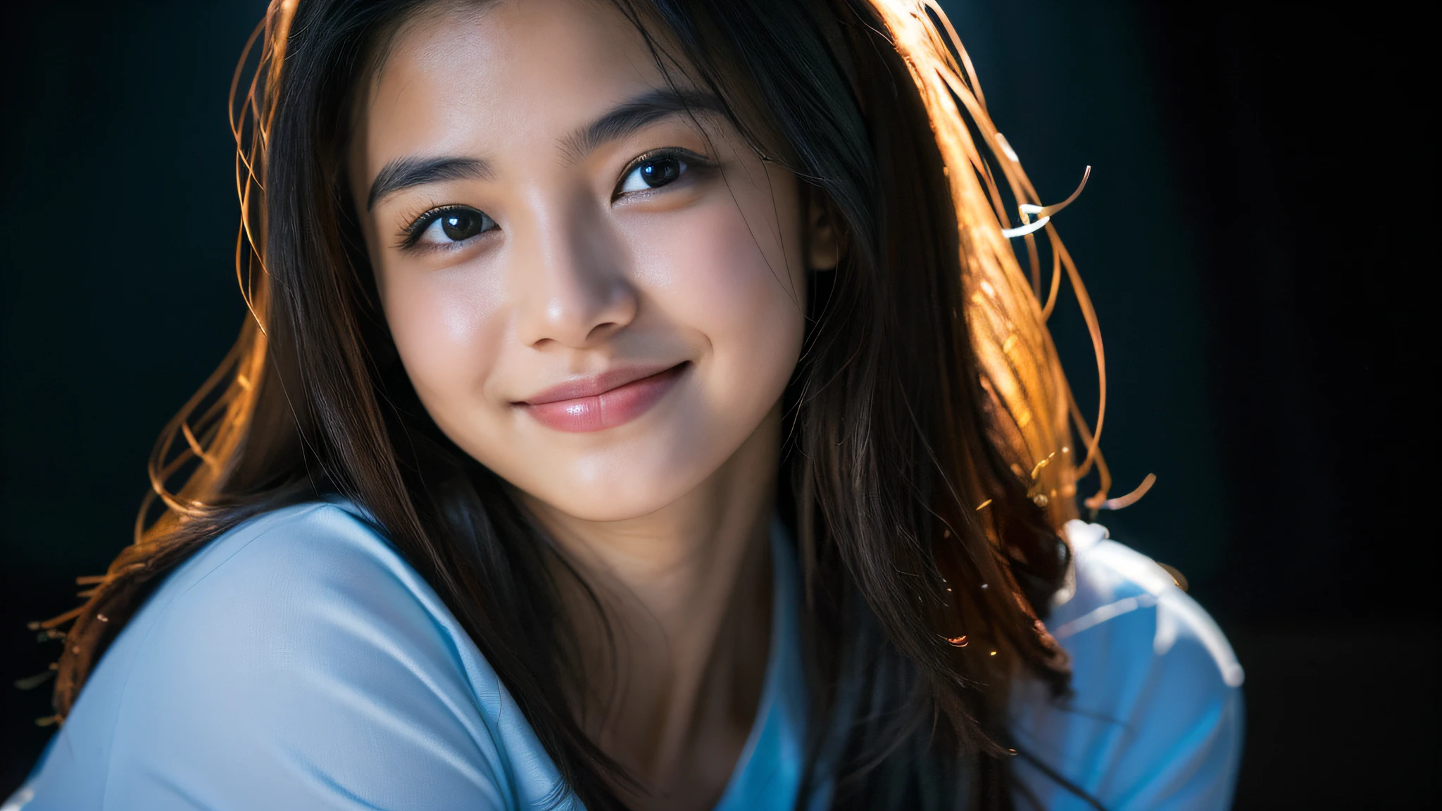 highest quality, epic realistic, ((in the pitch black darkness :1.4)), ((portrait:1.5)),(background: dark ) high contrast ,glorious picture, lowest lux, lighting face, she's comfortable, dark plain shirt, looks incredible, (8k, Raw photo, Highest quality),(epic realistic:1.5), a woman, face,(detailed eyes:0.8),(looking at the camera:1.4), (Highest quality), ( high contrast, deep shadows),Intricate details,cinematic,((skin:1.4)), (long dark hair:1.3), long hair, messy ,(Hdr:1.5),Detailed, colors, Superior quality, ( starry sky: 1.4), Masterpiece, Raw Photo (20-year-old, looking at viewer), beautiful, (wearing dark shirt,), perfect, natural, perfect composition, portrait, perfect face, smiling expression, Captivating eyes, Bright details, Tight lips, (High Skin Detail),, (blue tint: 0.6), (sale: 0.8), (bloody: 0.7), Key lighting , (backlight: 0.5), Medium depth of field, Canon 5d, 50mm lens, f/4 apertures, (Ultra-detailed, Complex detail), sharp focus, soft colors, 8k, Absurd, 80mm, dark background, photography, smiling, pinay, filipina, small boobs
