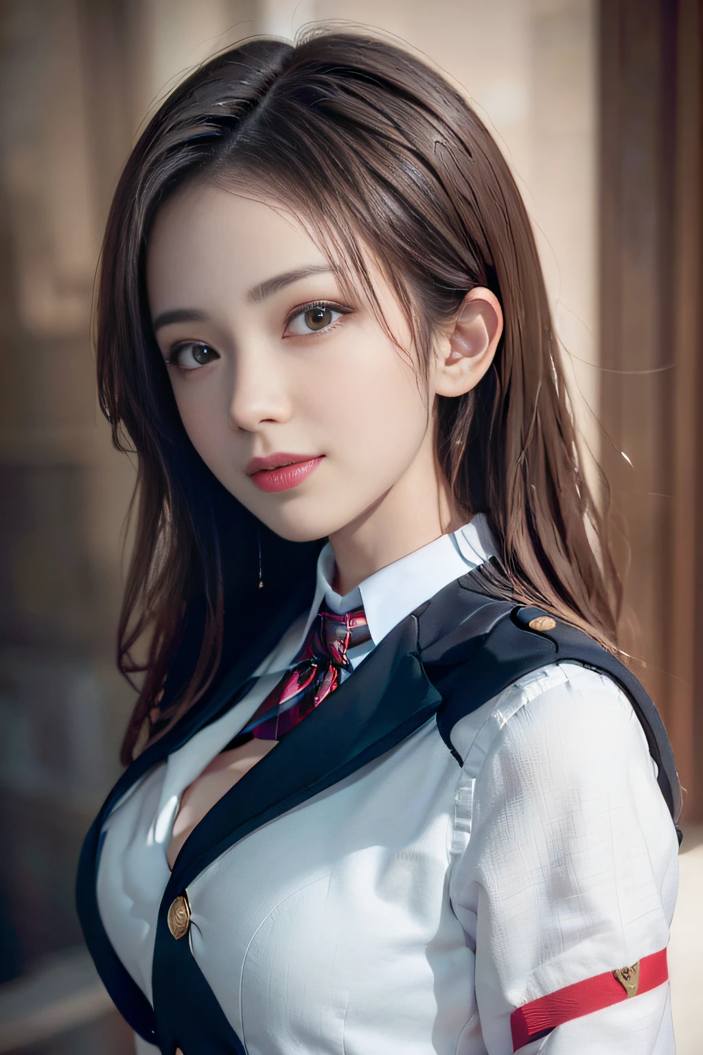 (A hyper-realistic)、(illustratio)、(hight resolution)、(8K)、(ighly detailed)、(Best Illustration)、(beautifully detailed eyes)、(top-quality)、(ultra-detailliert)、(masterpiece)、(wall-paper)、(A detailed face)、独奏、1 girl in、looking at viewert、fine detailed、A detailed face、in the darkness nigth、deep-shadows、lowkey、pureerosfaceace_v1、A smile、long、Black shawl straight hair、46-point diagonal bangs,female students、((Emblem on the chest of the uniform white blazer))、(red bowtie)、((Miniskirts in bright colors,Check stripe)()、A smile,