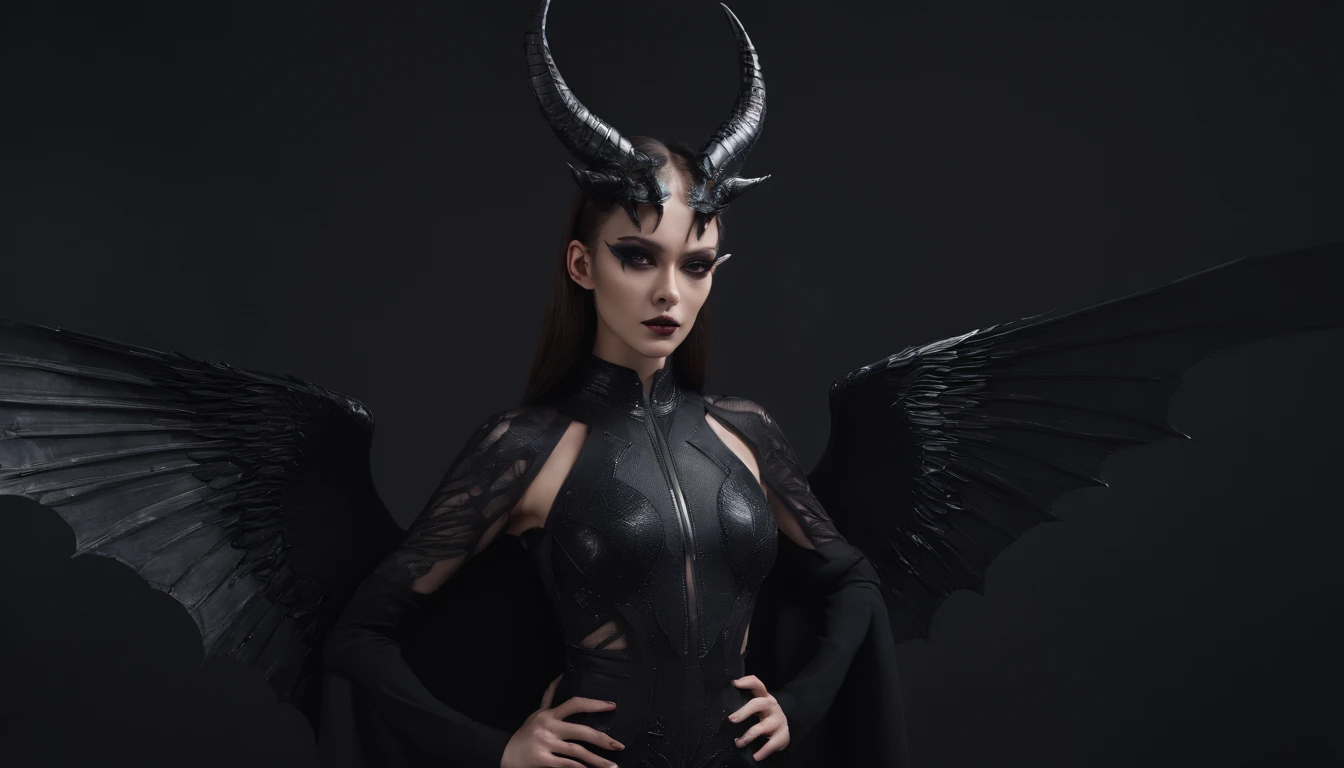 horned demon woman with black wings dressed in futuristic leotard posing for a photo in a dark studio, minimal background, darksynth aesthetic, horror cyberpunk, ultradetailed, masterpiece.