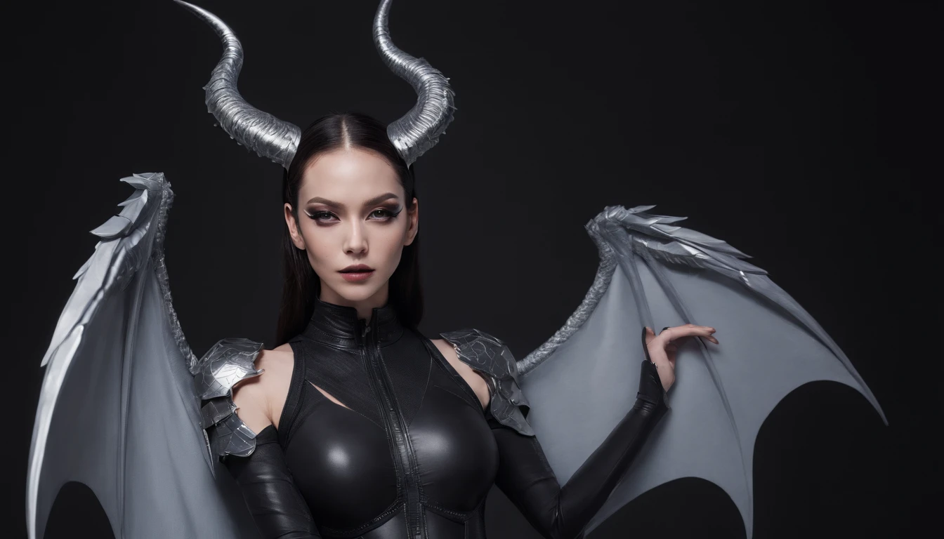 horned demon woman with black wings dressed in futuristic leotard posing for a photo in a dark studio, minimal background, falcon wings, darksynth aesthetic, horror cyberpunk, ultradetailed, masterpiece.
