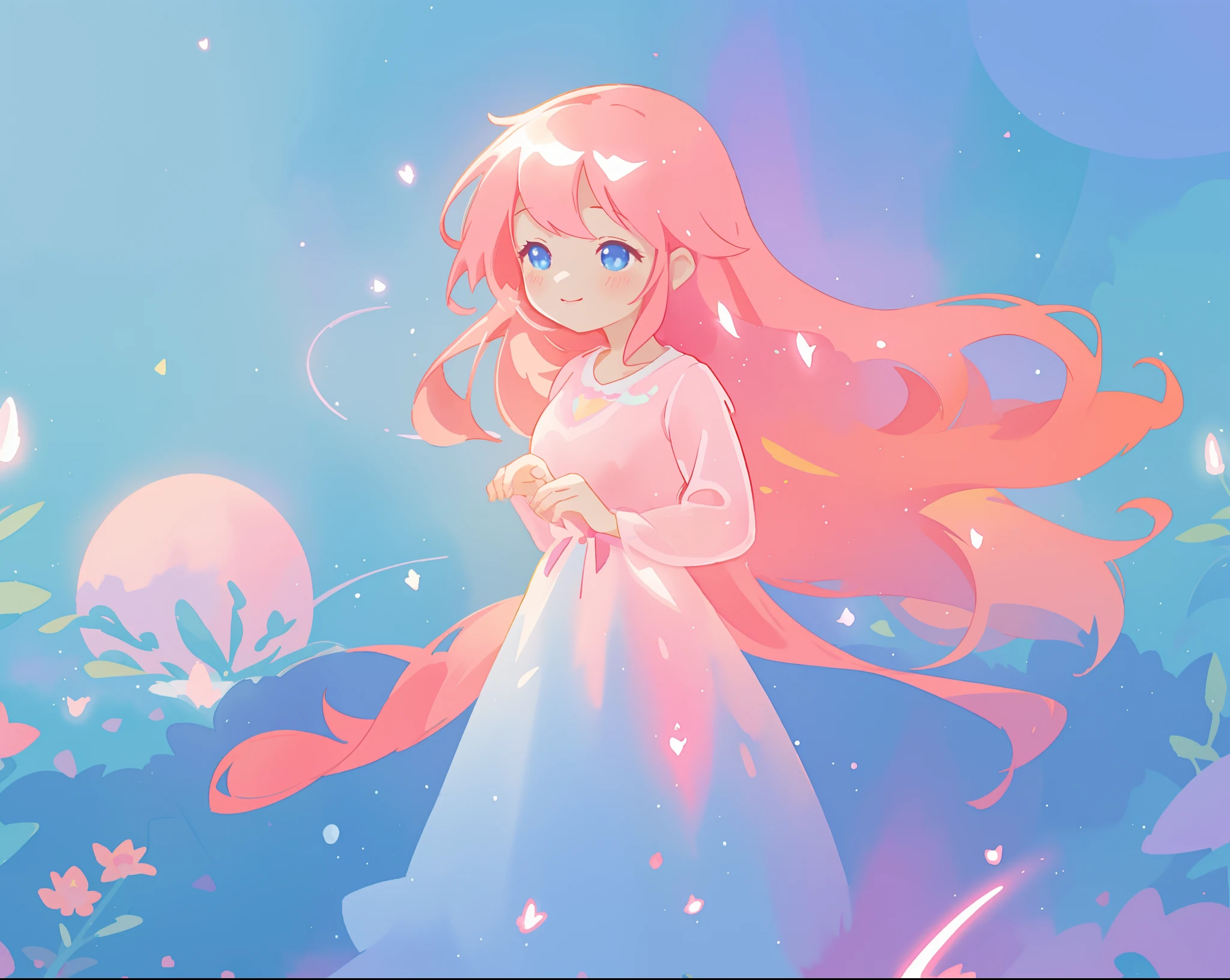 beautiful girl in sparkling flowing dress, long flowing pink hair, colorful fantasia background, watercolor illustration, disney art style, glowing aura around her, glowing lights, beautiful digital illustration, fantasia otherworldly landscape plants flowers, beautiful, masterpiece, best quality, anime disney style