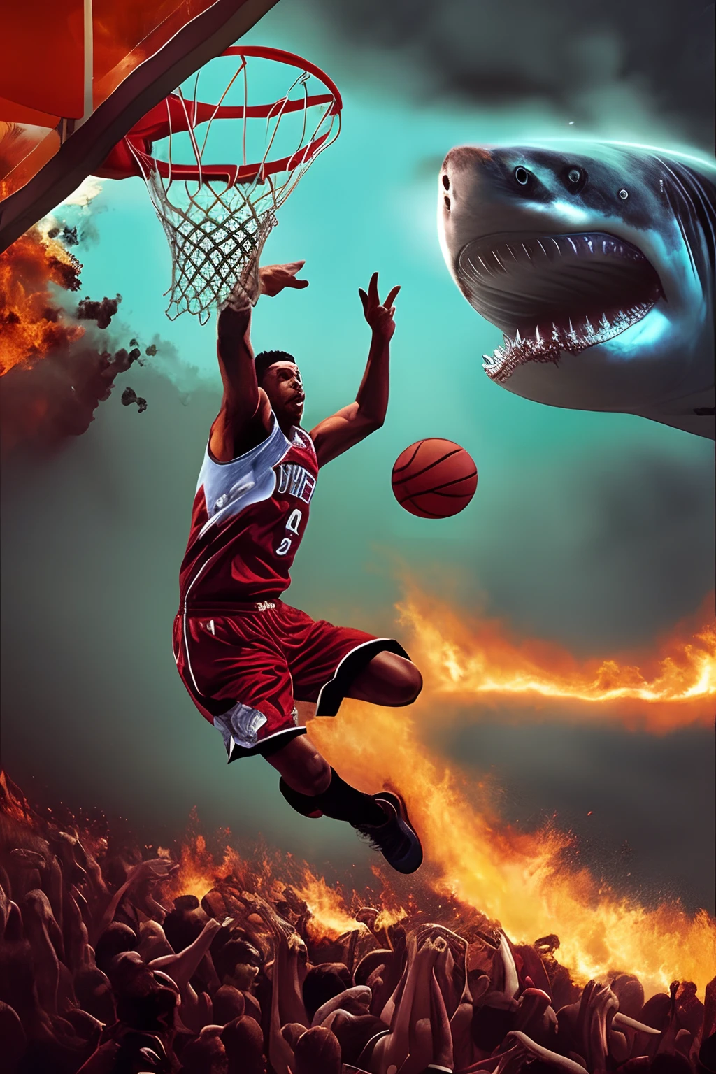 Doom slayer in basket ball jersey with a on fire basketball dunking on a great white shark