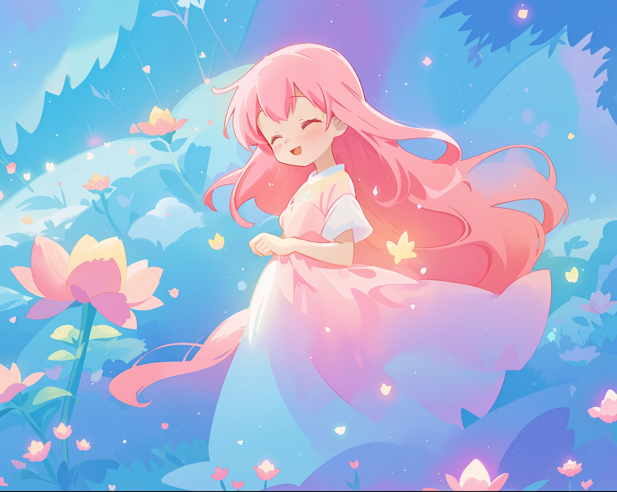 beautiful girl in sparkling flowing dress, long flowing pink hair, colorful fantasia background, watercolor illustration, disney art style, glowing aura around her, glowing lights, beautiful digital illustration, fantasia otherworldly landscape plants flowers, beautiful, masterpiece, best quality, anime disney style
