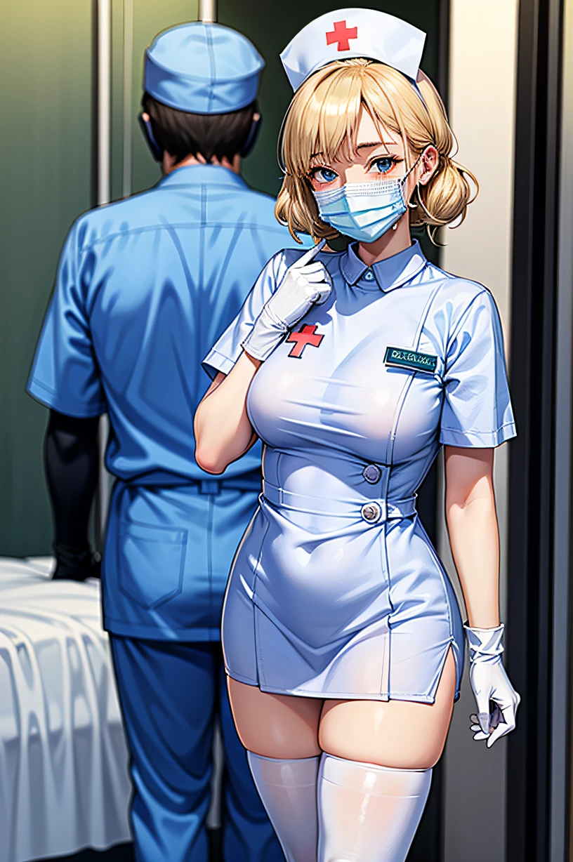 1woman, solo, nurse, nurse cap, white wear, ((white legwear, zettai ryouiki)), white gloves, blonde hair, blue eyes, ((white surgical mask, covered nose)), standing, ((hospital room)), sharp outline, short sleeves, mature female, 35 years old, best quality, masterpiece