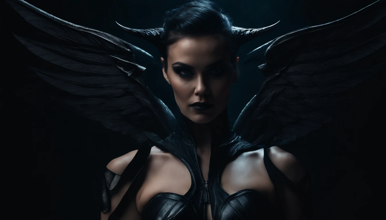 horned demon woman with black wings dressed in futuristic leotard posing for a photo in a dark studio, minimal background, falcon wings, darksynth aesthetic, horror cyberpunk, ultradetailed, masterpiece.