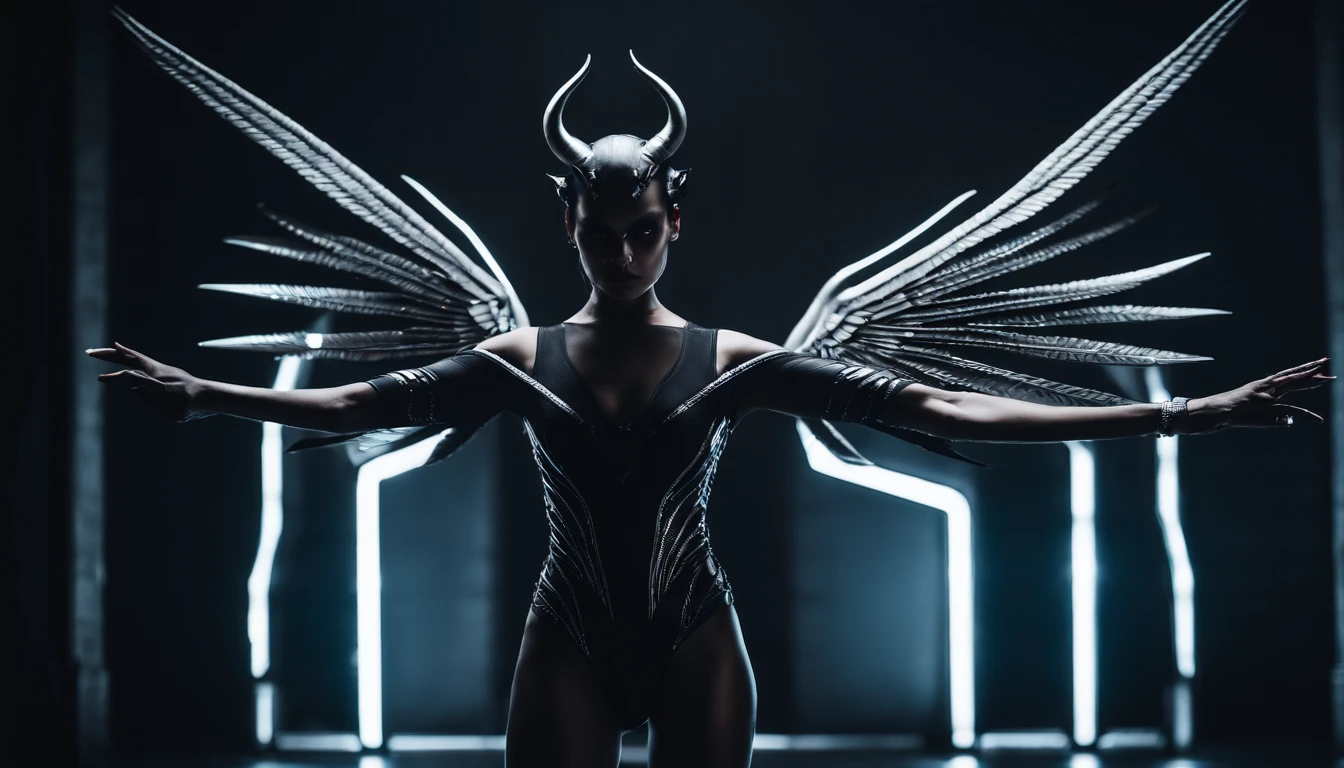 horned demon woman with black wings dressed in futuristic leotard posing for a photo in a dark studio, minimal background, falcon wings, darksynth aesthetic, horror cyberpunk, ultradetailed, masterpiece.