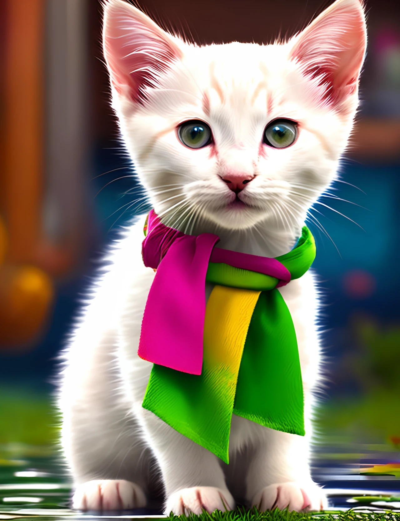 Create a Disney Pixar movie poster. On the poster is a pure white kitten with green eyes light pink ears and nose. This scene should be digital art style of Pixar. Include the movie title “puddles” printed on the front of the poster.