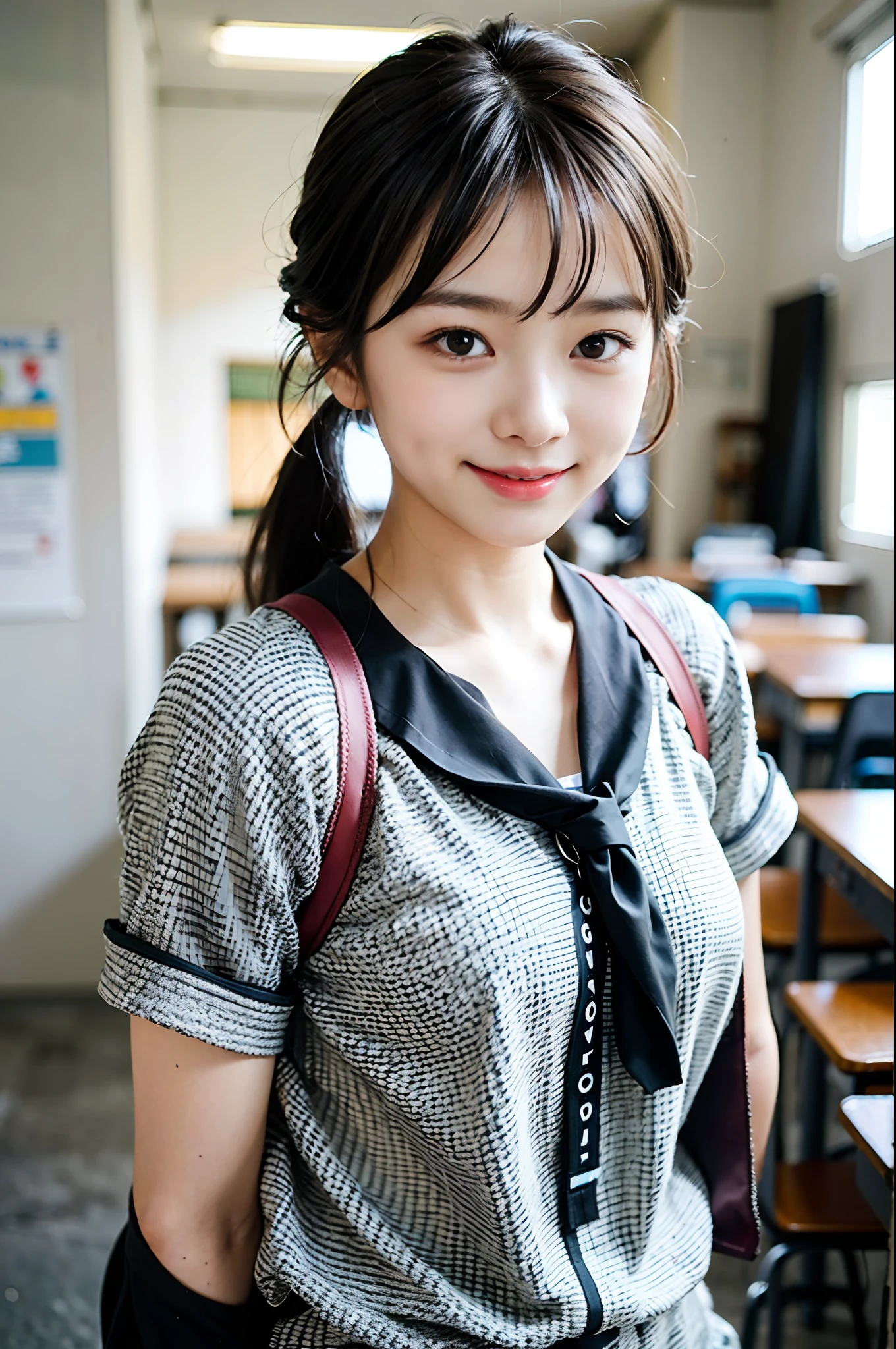 masterpiece, top-quality、Raw foto, Photorealsitic、1womanl、12year old、Junior High School Classroom、A smile、Ponytail Black Hair、校服、unbelievable Ridiculous、depth of fields, hight resolution, ultra-detailliert, foco nítido, Cinematic lighting