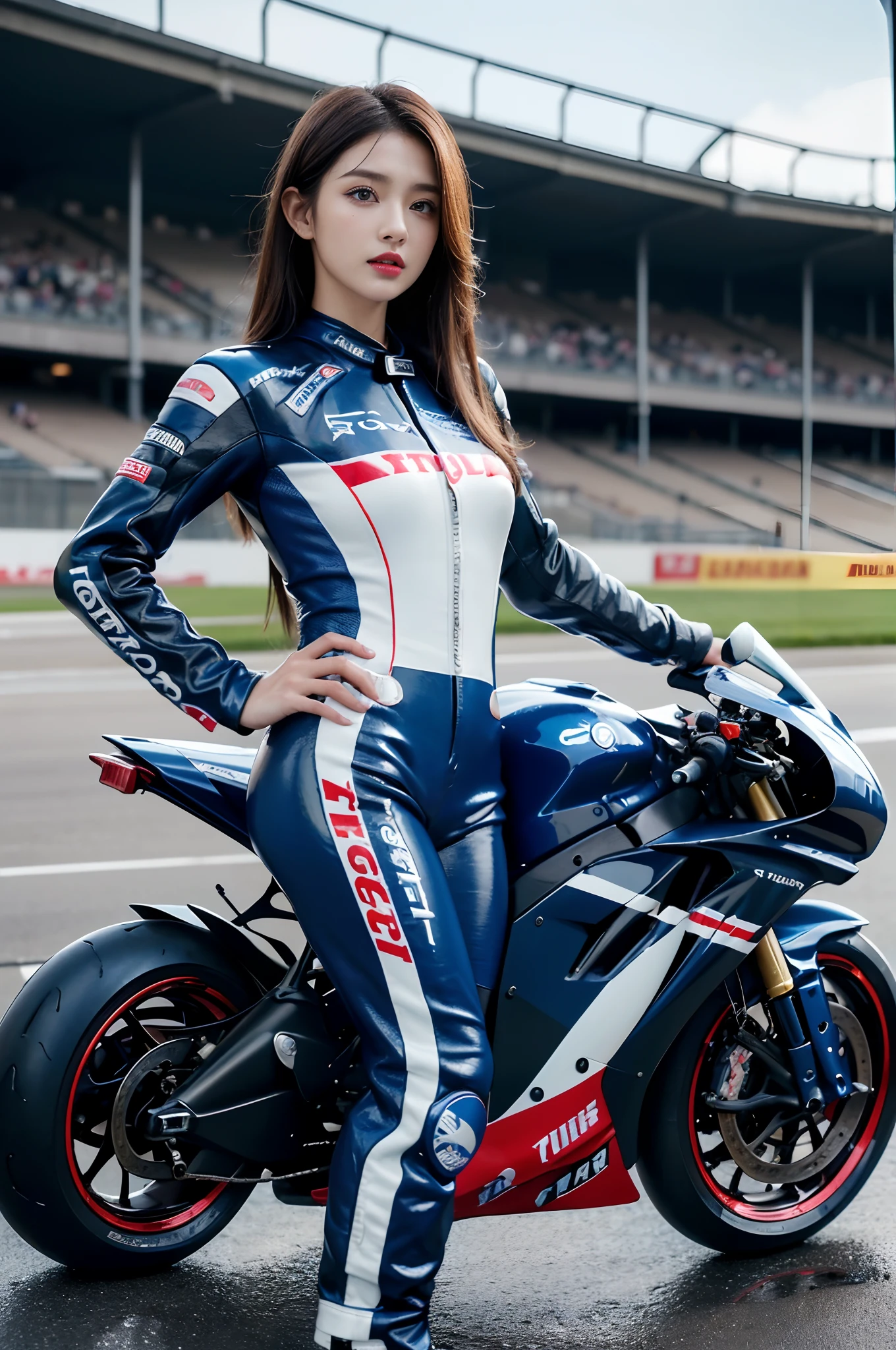 8K,超High resolution A,Top  Quality、​masterpiece、Ultra - High Definition、(photograph realistic:1.4)、(1girll)、(is standing)、long-sleeved、(Leather Blue Racing Suit)、(Mid Shorthair)、(Wet hair)、A very delicate human face、Very fine teeth、red lipsticks、circuitry、(((Racing Motorcycle))), (((Racing Stadium)))