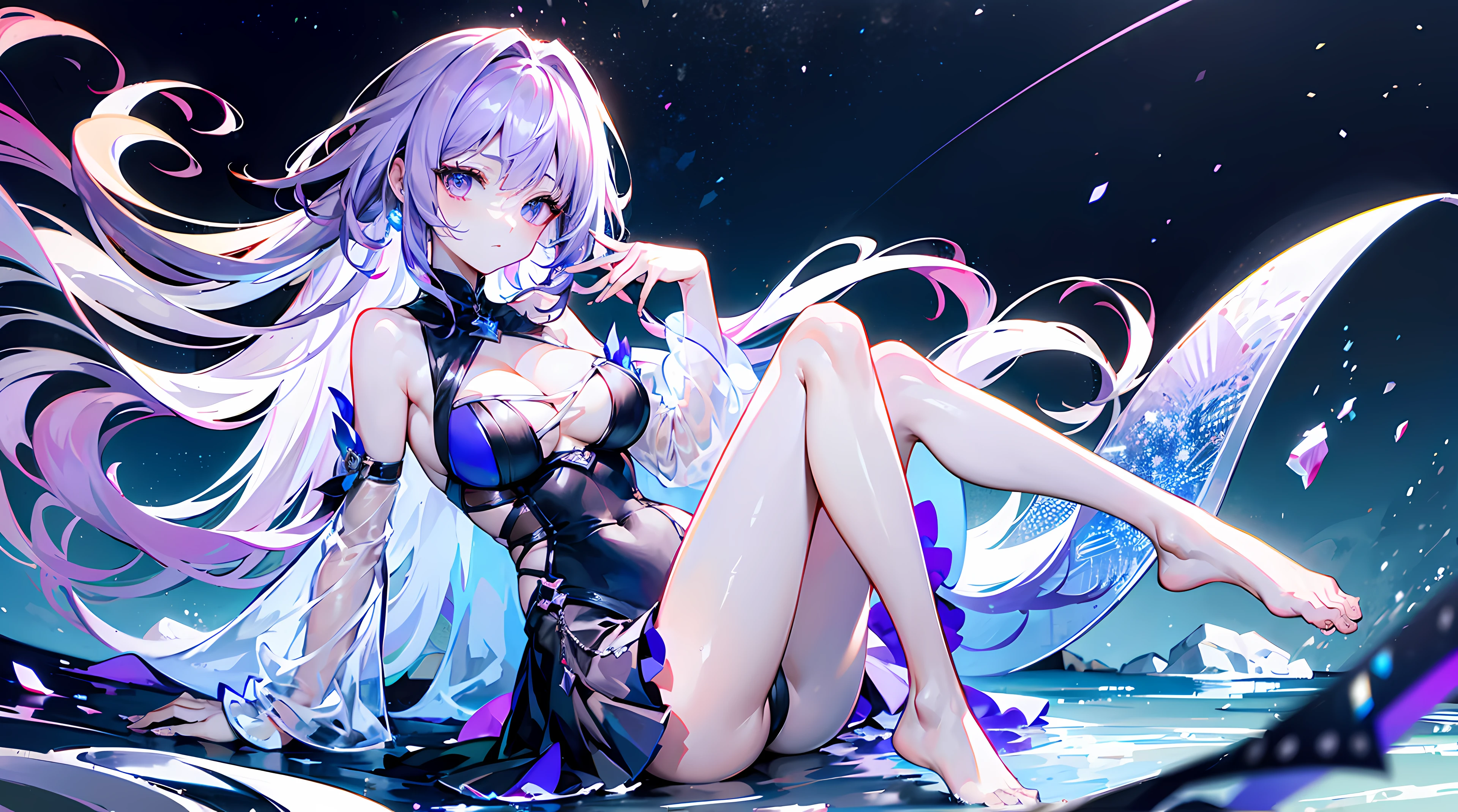 Lilac gradient hair,Asymmetrical hair,（（Very voluminous hair 1.8，Hair is well-defined1.6））， hair over shoulders, Messy hair, Very long hair, Shiny hair，(Long hair:1.2),a beauty girl，Luxurious purple miniskirt，Made of transparent material，（Transparent clothes transparent 1.8），perfect bodies，Tall and tall，slenderness，(Looks sad，face drawn and pale，grieves，closing the mouth：1.2） Set against the backdrop of an unusually brilliant dark starry sky，（On your stomach，One hand supports his head），（Round, Medium large, Firm breasts），Barefoot，afloat，waterface，（long leges，long leges，long leges，Perfect leg shape），fully body photo。