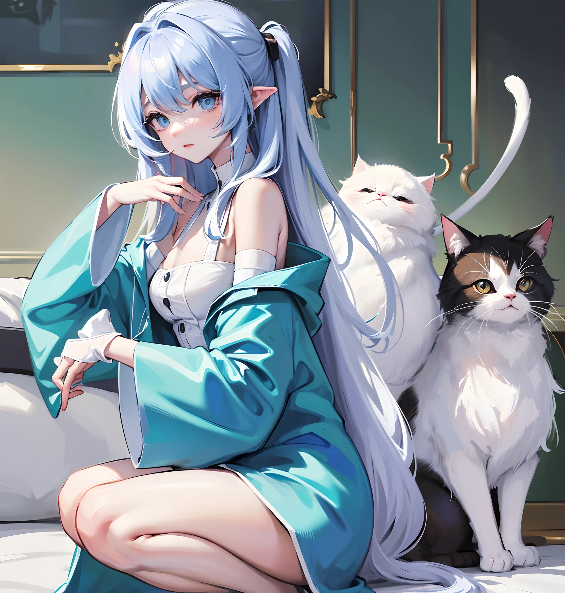 Farbe:This cat is white。 The hair:Its hair is long、、Very soft、Typically、Like cotton、Very pretty。 The eye:Has big eyes、cyan colors。 ear:ears are medium in size,、slightly rounded,、Leaning forward。nase:only the color of the tip of the nose is blackish,,。Cat in Ragdoll、The coat color is pure white。Nature:This cat is friendly and docile、I like to be close to people.、a person々To feel warm and comfortable。Background squatting on sofa