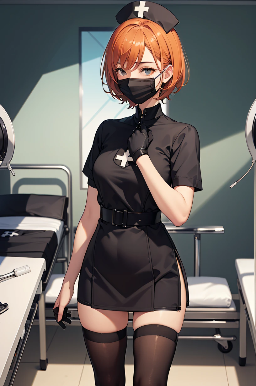 black nurse, 1girl, solo, black nurse cap, black wear, ((black legwear, zettai ryouiki)), black elbow gloves, very short hair, orange hair, ((black surgical mask, covered nose)), standing, ((surgery room)), sharp outline, short sleeves, tomboy, boyish, best quality, masterpiece