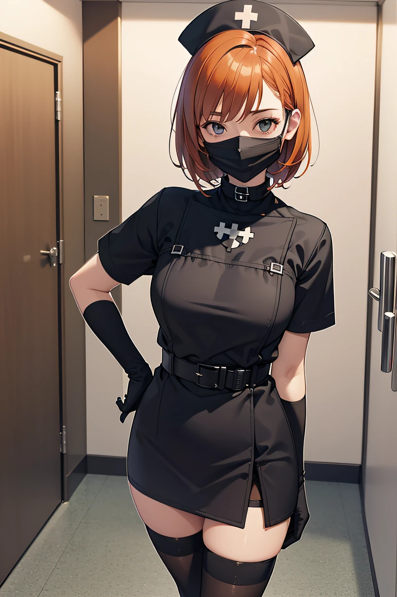 black nurse, 1girl, solo, black nurse cap, black wear, ((black legwear, zettai ryouiki)), black elbow gloves, very short hair, orange hair, ((black surgical mask, covered nose)), standing, ((surgery room)), sharp outline, short sleeves, tomboy, boyish, best quality, masterpiece