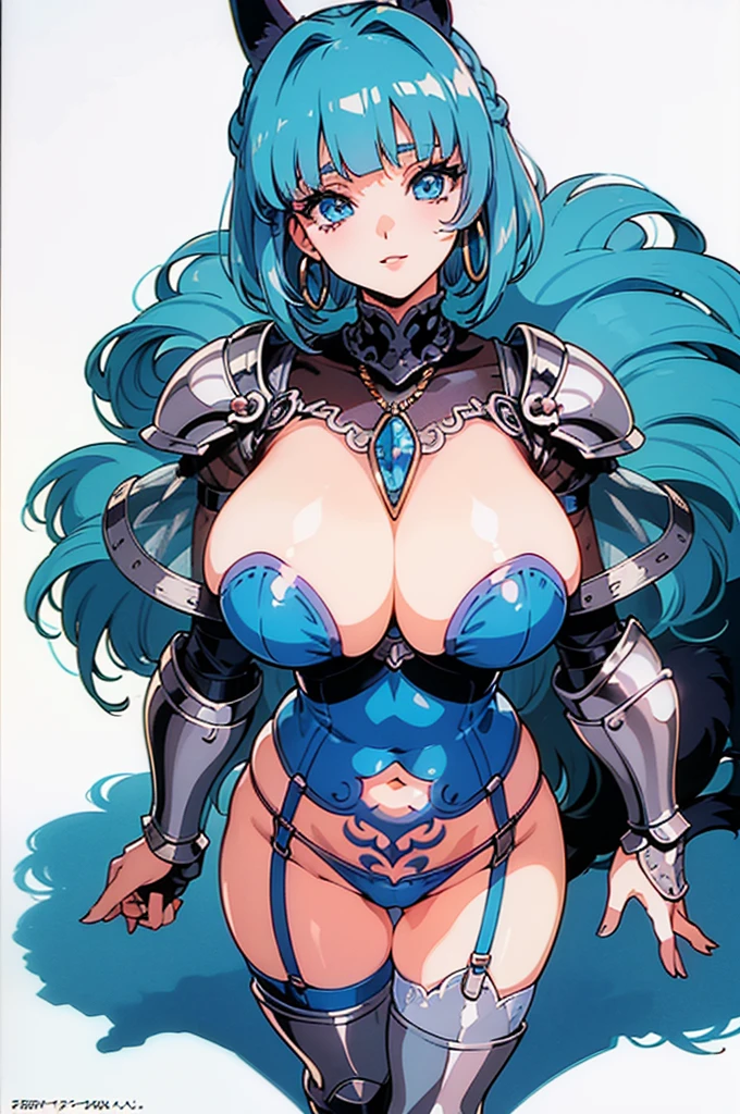 "(masterpiece:1.1), best quality,
1girl, (80s anime style:1.4), (eyelashes:1.5),
(intricate high detailed body:1.2),
blue hair,
(blunt bangs:1.1), (short hair, french braid:1.1), (animal ears:1.2),
blue eyes, (red lip stick:1.1),
(gigantic breasts:1.5),
light smile,
(see-through leotard armor, navel cutout, tattoo:1.2), (garter belt:1.2),
(knight armor, armored boots:1.2), (suspenders:1.1), (hoop earrings:1.1), necklace,
standing,
(cowboy shot:1.1), from above,
(simple white background:1.2)"