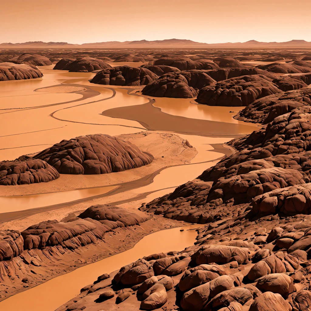 filmposter,Movie poster of the alluvial plains of the desert river on Mars,The alluvial plains of the desert river on Mars