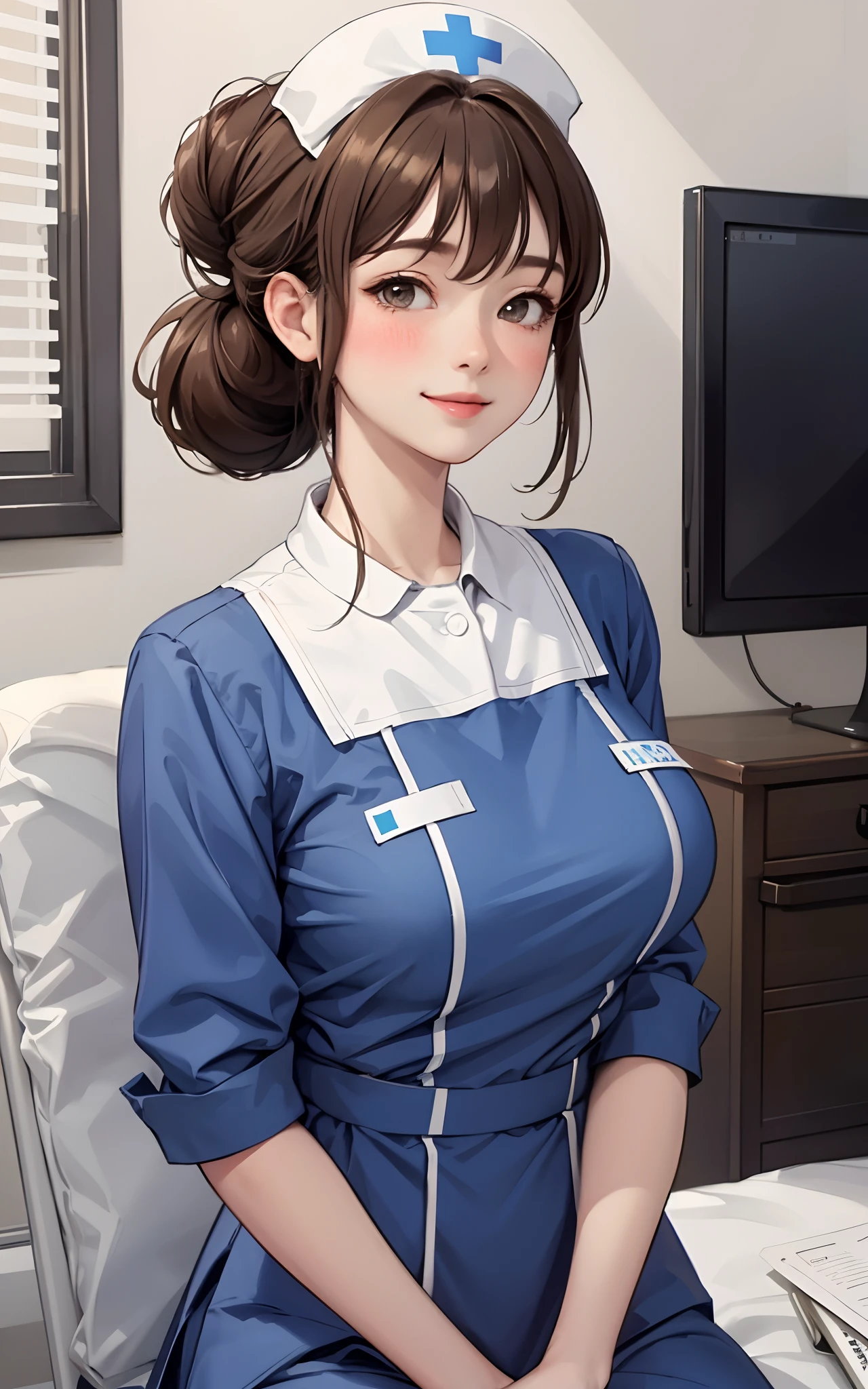 1 female, 40 years old, (Nurse cap, Nurse uniform and mini skirt), masterpiece, Grin, (very tanned and shiny skin), Big Breasts, photoRealistic, Realistic, alone, photoRealistic, Highest quality, Ultra-high resolution, Yura S, Outdoor, colorful,  Daytime setting, beautiful, masterpiece, Highest quality, Very detailedな顔, Perfect lighting, Ultra-high resolution, Very detailed, (background: Hospital room)