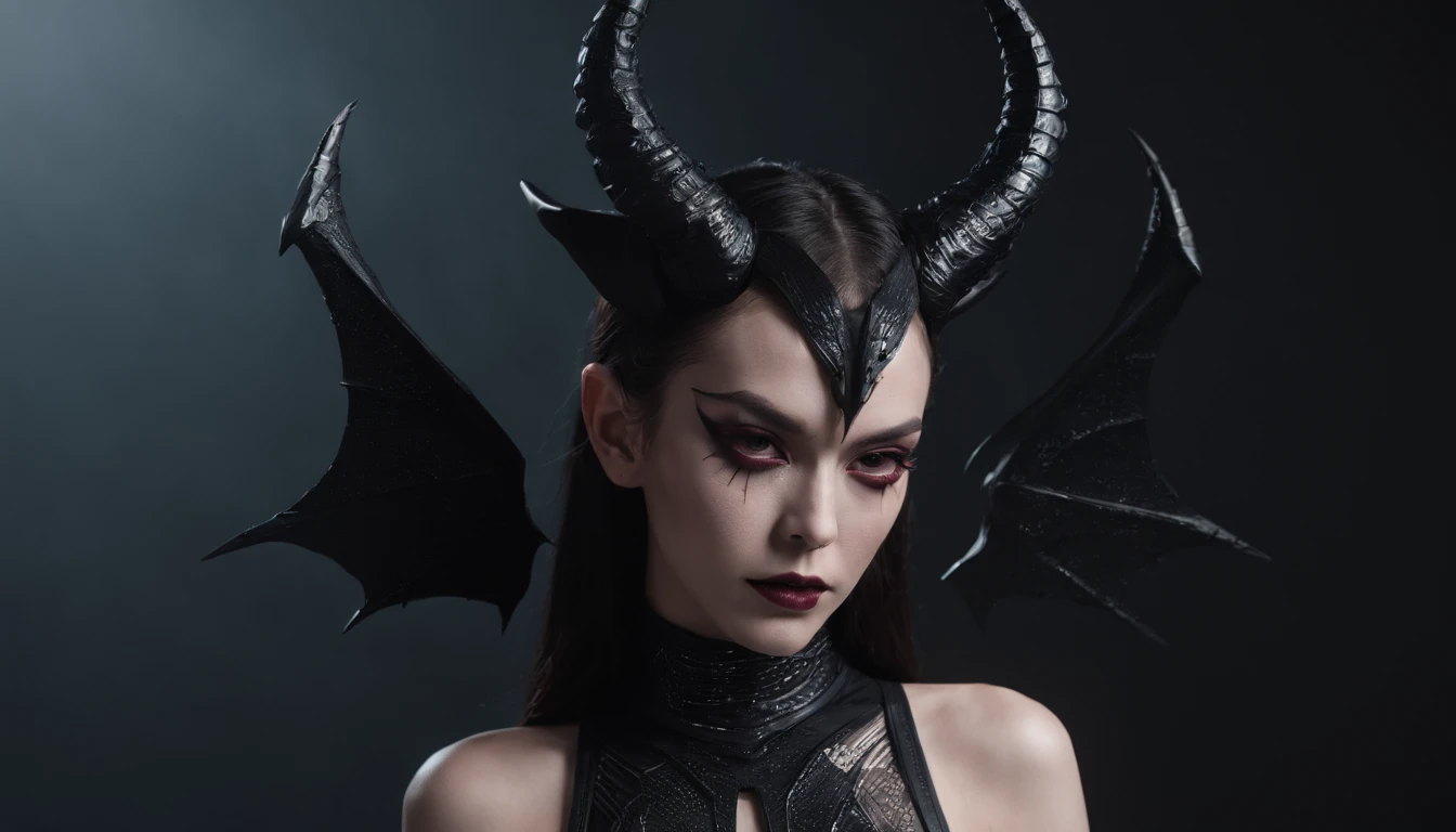 close up of a horned demon woman with black wings dressed in futuristic leotard posing for a photo in a dark studio, minimal background, darksynth aesthetic, horror cyberpunk, ultradetailed, masterpiece.