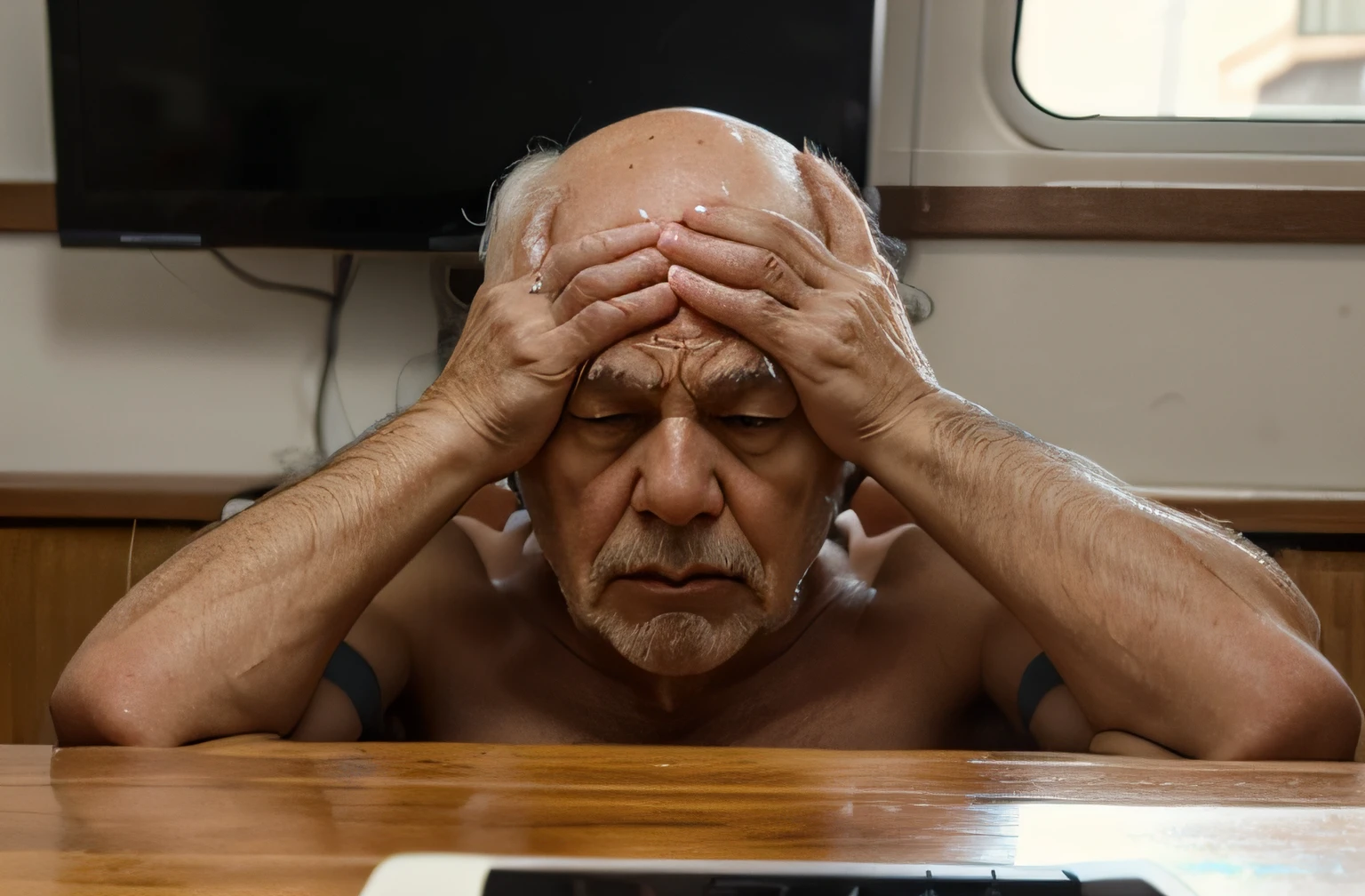 Cabeza de un viejo calvo delante de un teclado de ordenador navegando por Internet.