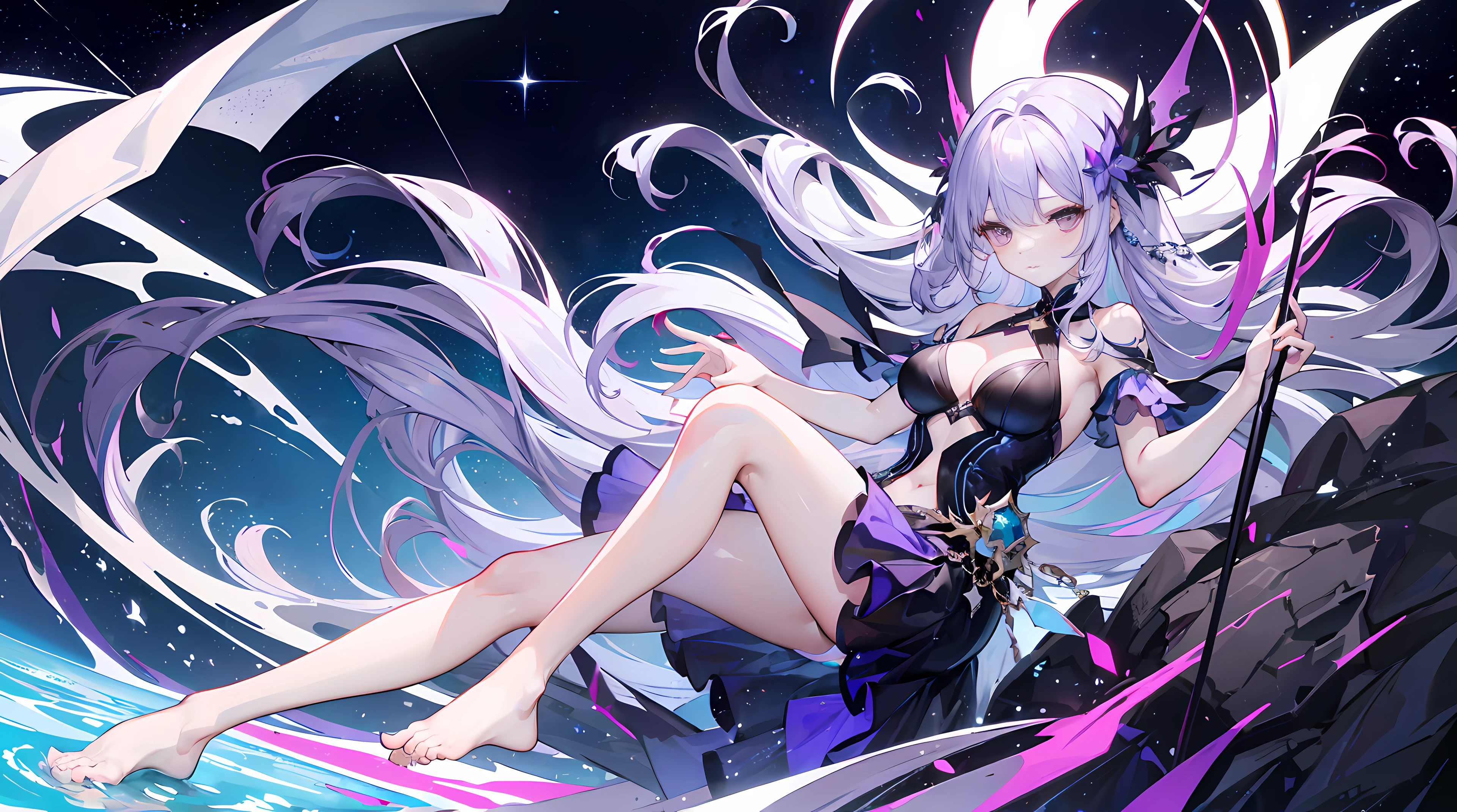 Lilac gradient hair,Asymmetrical hair,（（Very voluminous hair 1.8，Hair is well-defined1.6））， hair over shoulders, Messy hair, Very long hair, Shiny hair，(Long hair:1.2),a beauty girl，Luxurious purple miniskirt，Made of transparent material，（Transparent clothes transparent 1.8），perfect bodies，Tall and tall，slenderness，(Looks sad，face drawn and pale，grieves，closing the mouth：1.2） Set against the backdrop of an unusually brilliant dark starry sky，（On your stomach，One hand supports his head），（Round, Medium large, Firm breasts），Barefoot，afloat，waterface，（long leges，long leges，long leges，Perfect leg shape），fully body photo。