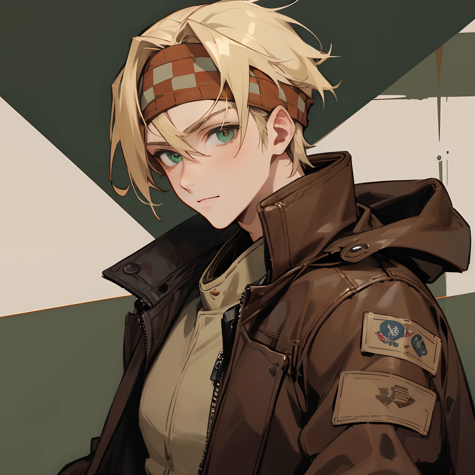 Blonde hair , emerald green eyes , wearing a brown leather pilot jacket with patches , military base background , wearing a checkered headband , detailed face , perfect generation , perfect quality , 1male