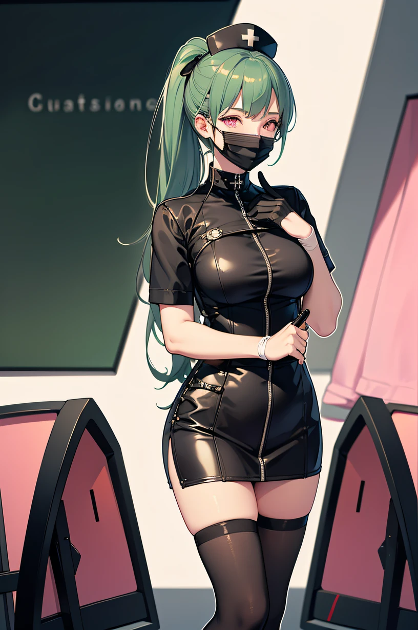 black nurse, 1girl, solo, black nurse cap, black wear, ((black legwear, zettai ryouiki)), black elbow gloves, ponytail, green hair, pink eyes, ((black surgical mask, covered nose)), standing, ((surgery room)), sharp outline, short sleeves, best quality, masterpiece
