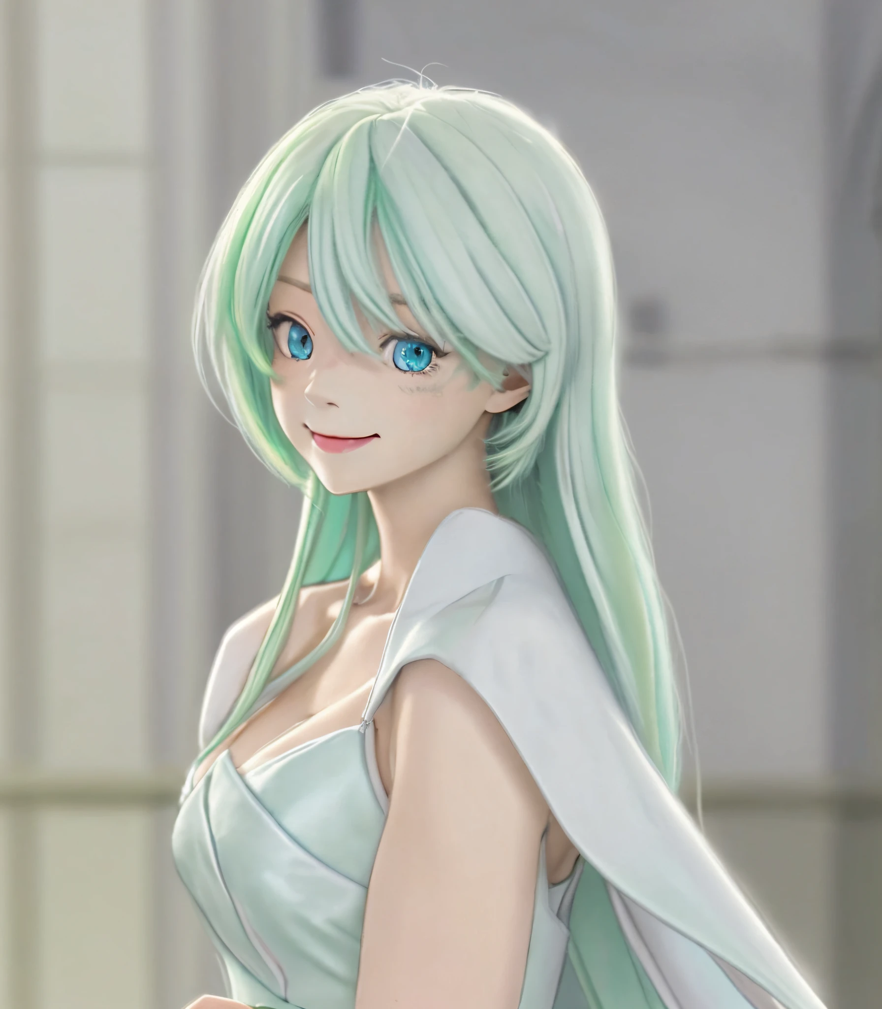 Pastel green hair、Formal Dresses、Light blue eyes、swordsmen、Straight Long Hairstyles、ssmile