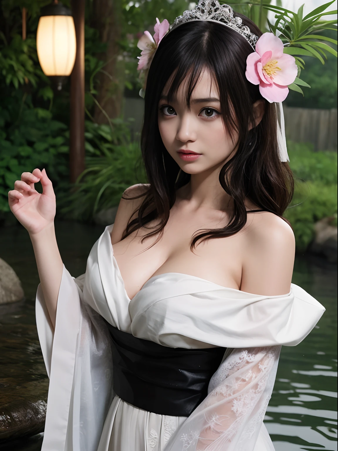 1girl, breasts, moon, lantern, night, solo, large breasts, hair ornament, wet, kimono, japanese clothes, wading, water, hair flower, flower, outdoors, sky, full moon, rain, black hair, off shoulder, mountain, cloud, holding, sash, bare shoulders, paper lantern, standing, white kimono, night sky, sideboob, obi, wet clothes, bangs, tree, from side, reflection, short hair, cloudy sky, wet hair (((masterpiece),(extremely detailed CG unity 8k wallpaper),best quality,,solo,1girl,cinematic lighting,detailed background,beautiful detailed eyes,bright pupils, (an extremely delicate and beautiful),(Beautiful and detailed eye description)， ultra-detailed,masterpiece,)),