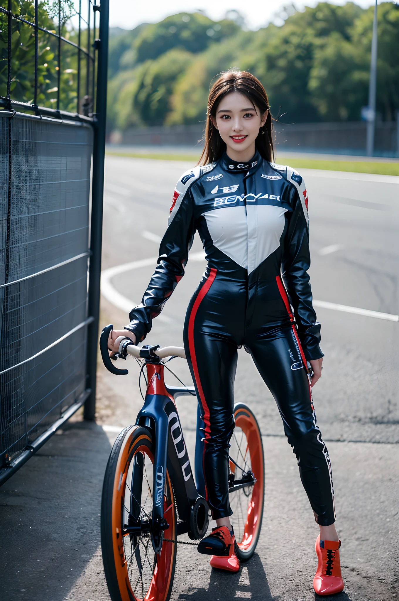 8K,超High resolution A,Top  Quality、​masterpiece、Ultra - High Definition、(photograph realistic:1.4)、(1girll)、(is standing)、long-sleeved、(Leather Blue Racing Suit)、(Mid Shorthair)、(Wet hair)、A very delicate human face、Very fine teeth、red lipsticks、circuitry、(((Racing bikes)))、