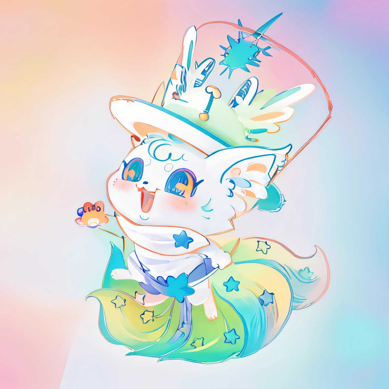 There is a painting,Magic wand in hand, The little fox, Kawaii fox, Wear a cute and expressive hat, cute colorful adorable, plushies, lovely art style, anime cat, cute artwork, cat seahorse fursona, cute detailed artwork, low res, Detailed fanart, Chibi Art, cute cyber gods, cute character, Three-dimensional,3dModeling