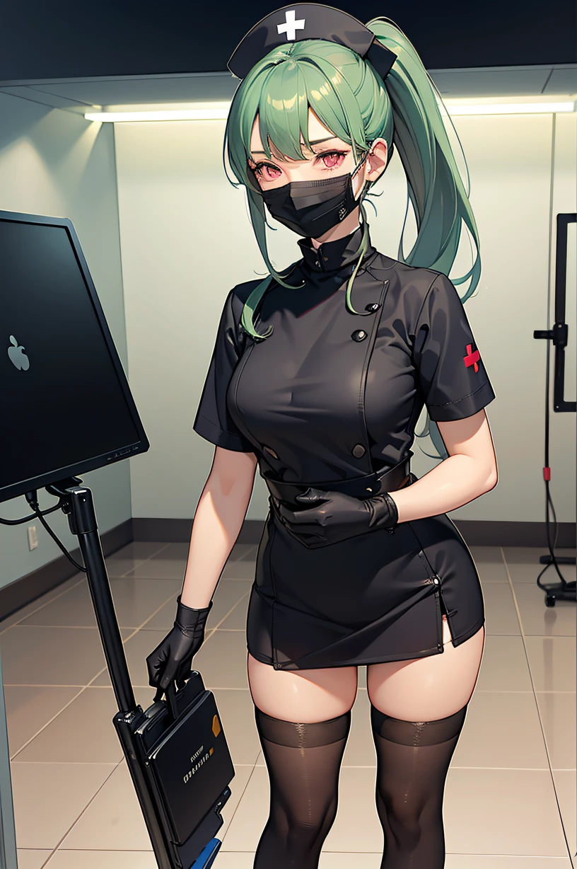 black nurse, 1girl, solo, black nurse cap, black wear, ((black legwear, zettai ryouiki)), black elbow gloves, ponytail, green hair, pink eyes, ((black surgical mask, covered nose)), standing, ((surgery room)), sharp outline, short sleeves, best quality, masterpiece