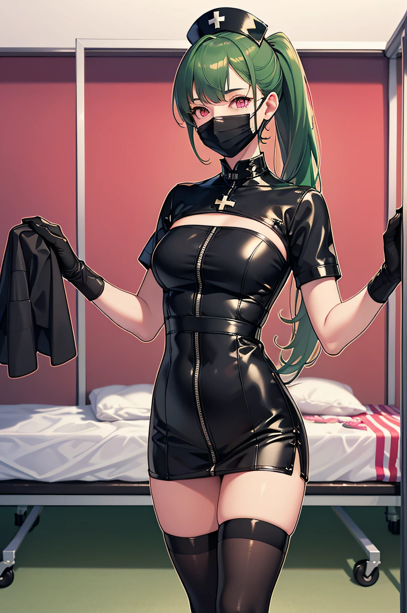 black nurse, 1girl, solo, black nurse cap, black wear, ((black legwear, zettai ryouiki)), black elbow gloves, ponytail, green hair, pink eyes, ((black surgical mask, covered nose)), standing, ((surgery room)), sharp outline, short sleeves, best quality, masterpiece