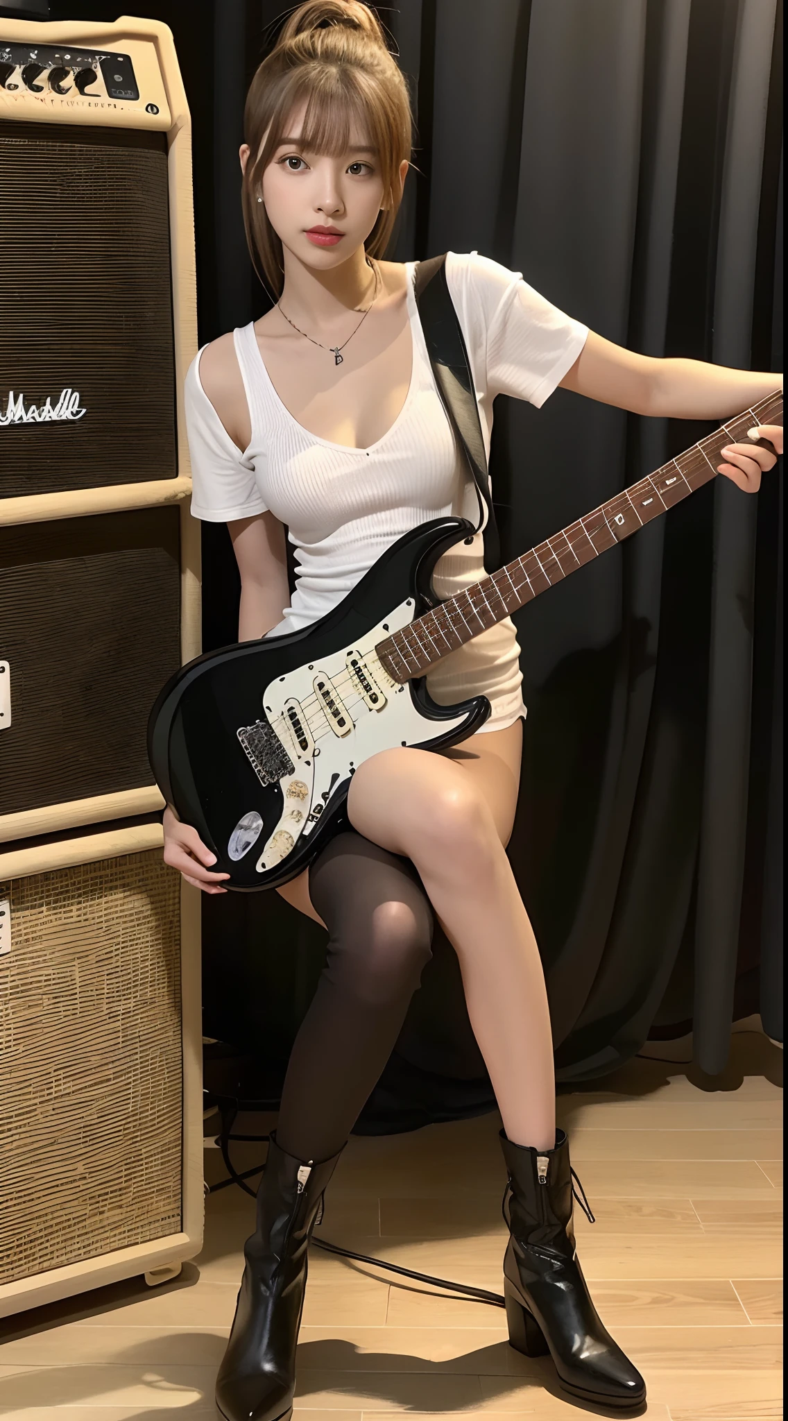 Hang your electric guitar on your shoulder femele 20yr old Perfect Style 175 cm thin chestnut hair poneyTail Black bra Guitar amp Marshall effector spot light fender Stratocaster electric guitars Short pants Skinny Legs long boots a large bust wide open breasts Wide open crotch 8K High Definition