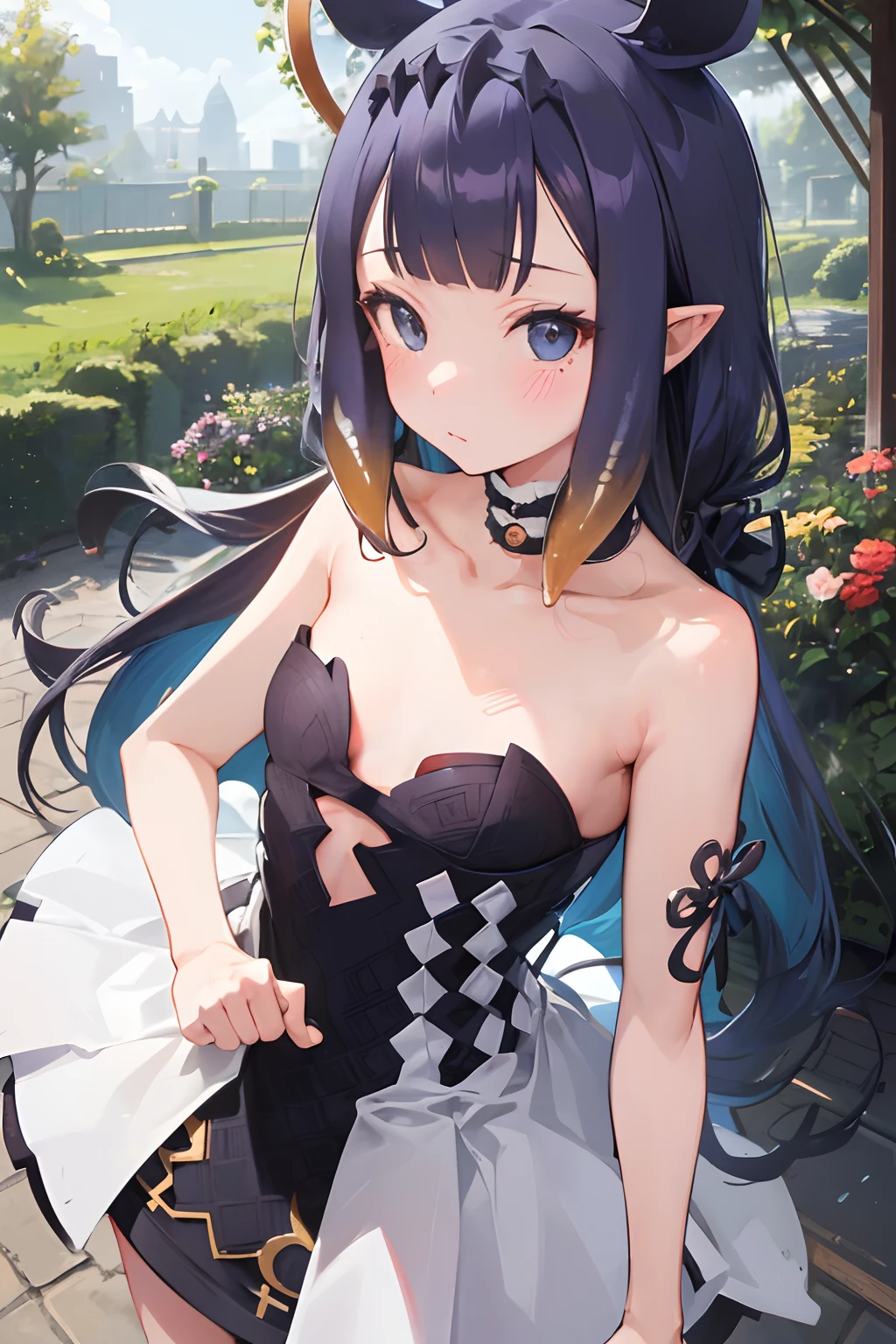 ((Ninomae Ina'nis)), ((Masterpiece)), (High Definition:1.3), (Professional Photography:1.2), (flat body), (open eyes), silky long hair, super cute face, ahoge, (strapless dress), walking cute pose, sweaty, garden on summer