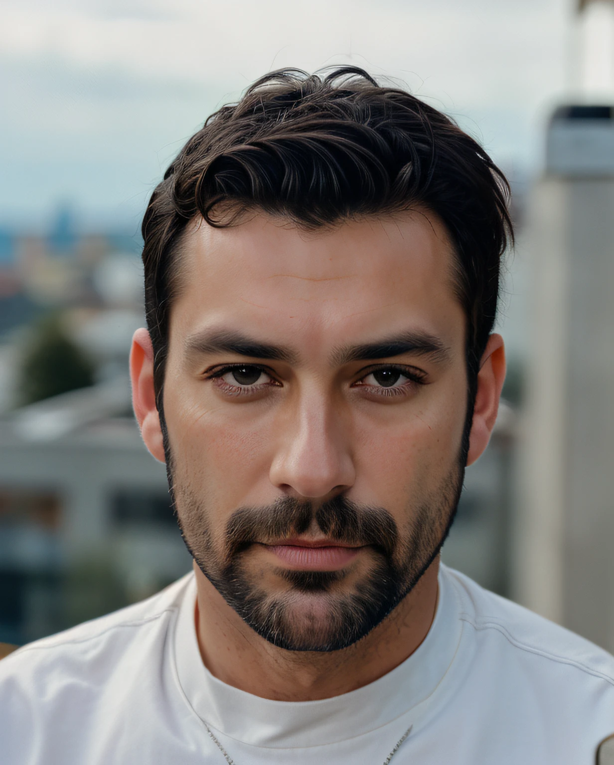 Kodak disposable camera photo (add_detail:1.5), (close up of 1 man),short dark hairs, short dark beard(50 year old, short dark hair), (masterpiece, highest quality), 8K UHD, (film grain:1.2),(Fujifilm XT3:1.2), extremely detailed