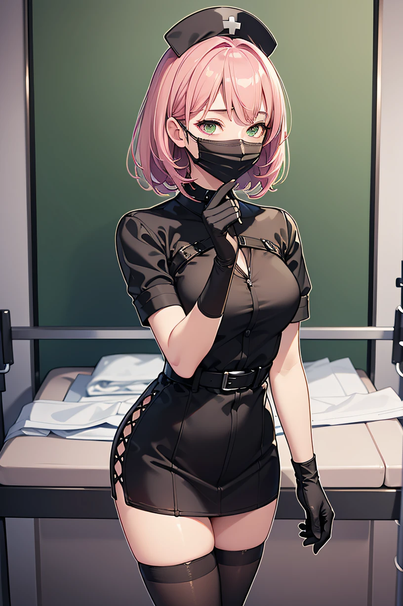 black nurse, 1girl, solo, black nurse cap, black nurse uniform, ((black legwear, zettai ryouiki)), black elbow gloves, pink hair, green eyes, drooping eyes, ((black surgical mask, covered nose)), standing, ((surgery room)), sharp outline, short sleeves, best quality, masterpiece