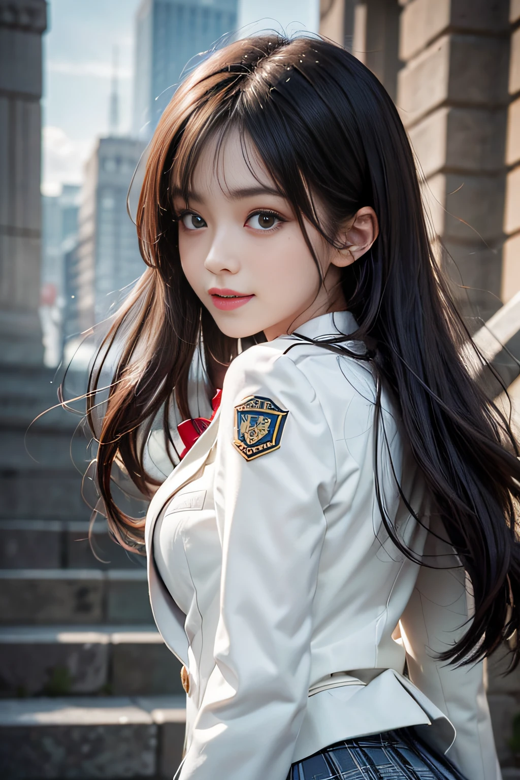 1girl in, Dark blue hair, Bangs, Long hair, Sparkling eyes, longeyelashes, makeup, lightsmile, depth of fields, One-person viewpoint, close-up, From below, wide angles, F/1.8, 135 mm, canon, nffsw, retinas, masutepiece, ccurate, Anatomically correct, Textured skin, Super Detail, high details, High quality, Best Quality, hight resolution, 1080p, 4K, 8K,(Female student climbing the stairs of school),46-point diagonal bangs,female students、((uniform: White blazer with emblem on the chest))、Translucent white blouse、(red bowtie)、（(Miniskirts in bright colors,Check stripe)（）、A smile,((Skirt soars in the wind)),((White lace panties are visible)),((posterior view)),((Looks Back))、