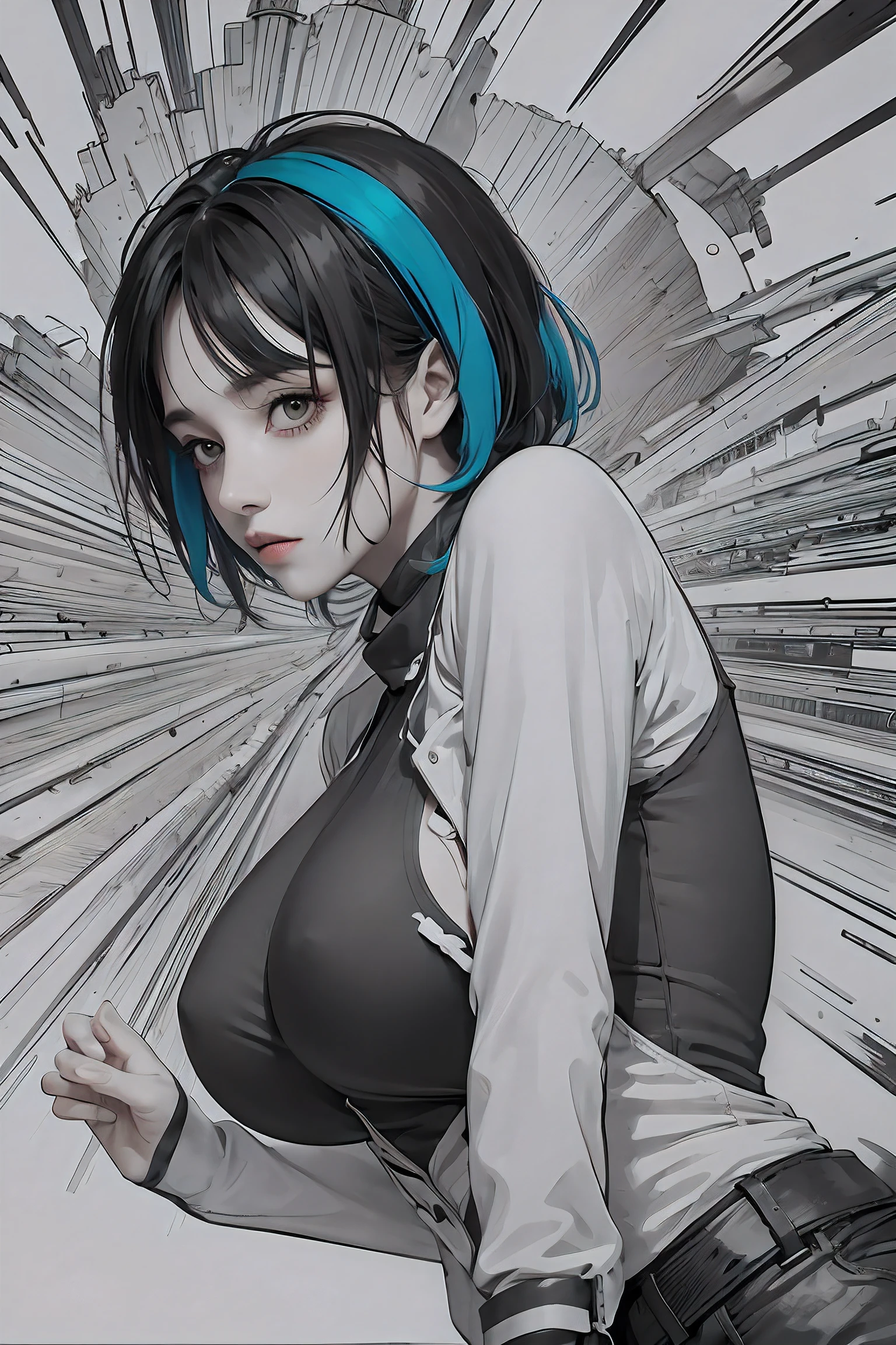 Hinata hyūga, fragmentos de color, cuaderno de bocetos, boceto dibujado a mano, boceto oscuro, arenoso, realista, tosco, Combination of bold dark lines and loose lines, bold lines, en papel, hoja de personaje giratoria, mujer, cuerpo completo, arcane symbols, runas, entorno oscuro, cabello azul ondulado parcialmente trenzado, hermoso, atractivo, ropa de cuero acolchado con runas bordadas, modestas botas de cuero bordadas con runas fondo oscuro, bien detallado, thick lines, fondo distorsionado