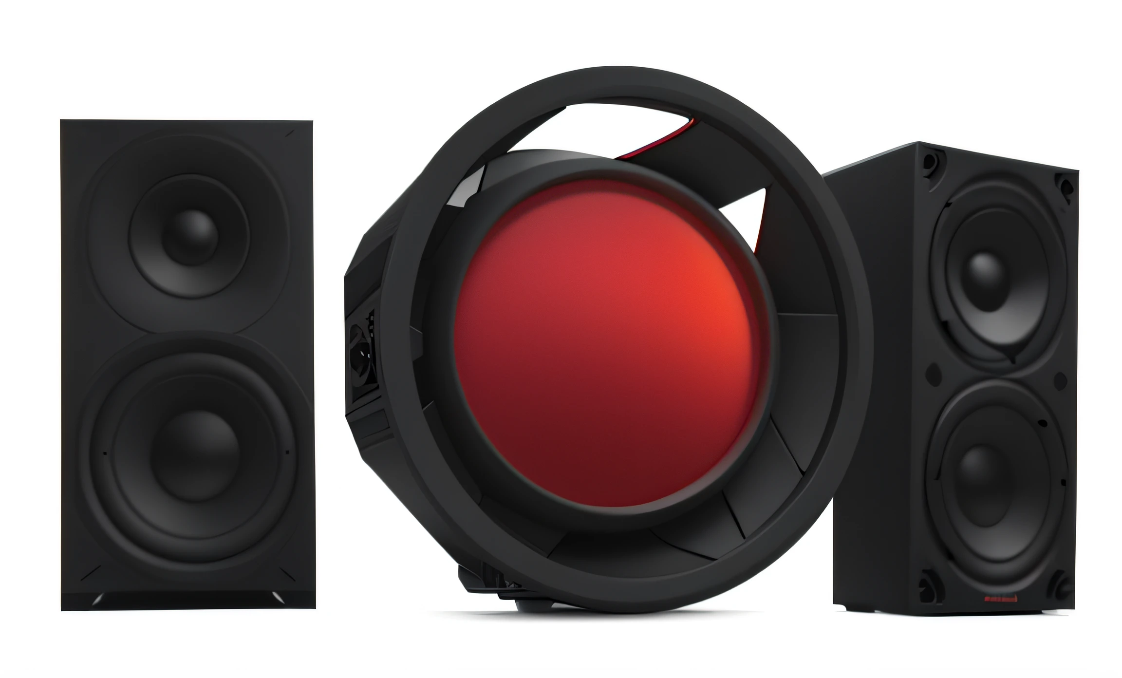 there is a red light in the center of a black speaker, red filter, volumetric lighting. red, subwoofer, red shift render, front left speaker, cinematic red lighting, 8k octane rendered, designed in blender, red spotlight, stage speakers, black-crimson color scheme, speakers, 4 k octan render, crimson - black color scheme