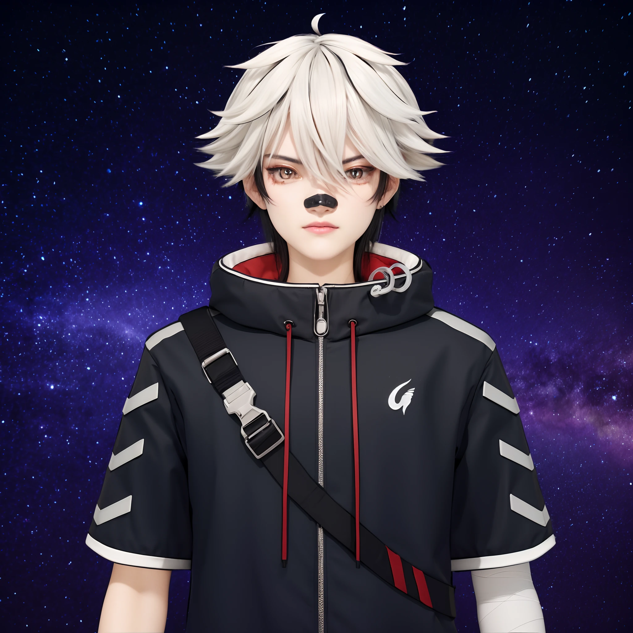 Asian face with hyper-realistic white and black hair, olhos vermelhos, um curativo no nariz vestindo uma jaqueta cyberpunk preta com detalhes vermelhos, The left arm is covered in bandages in a cyberpunk environment