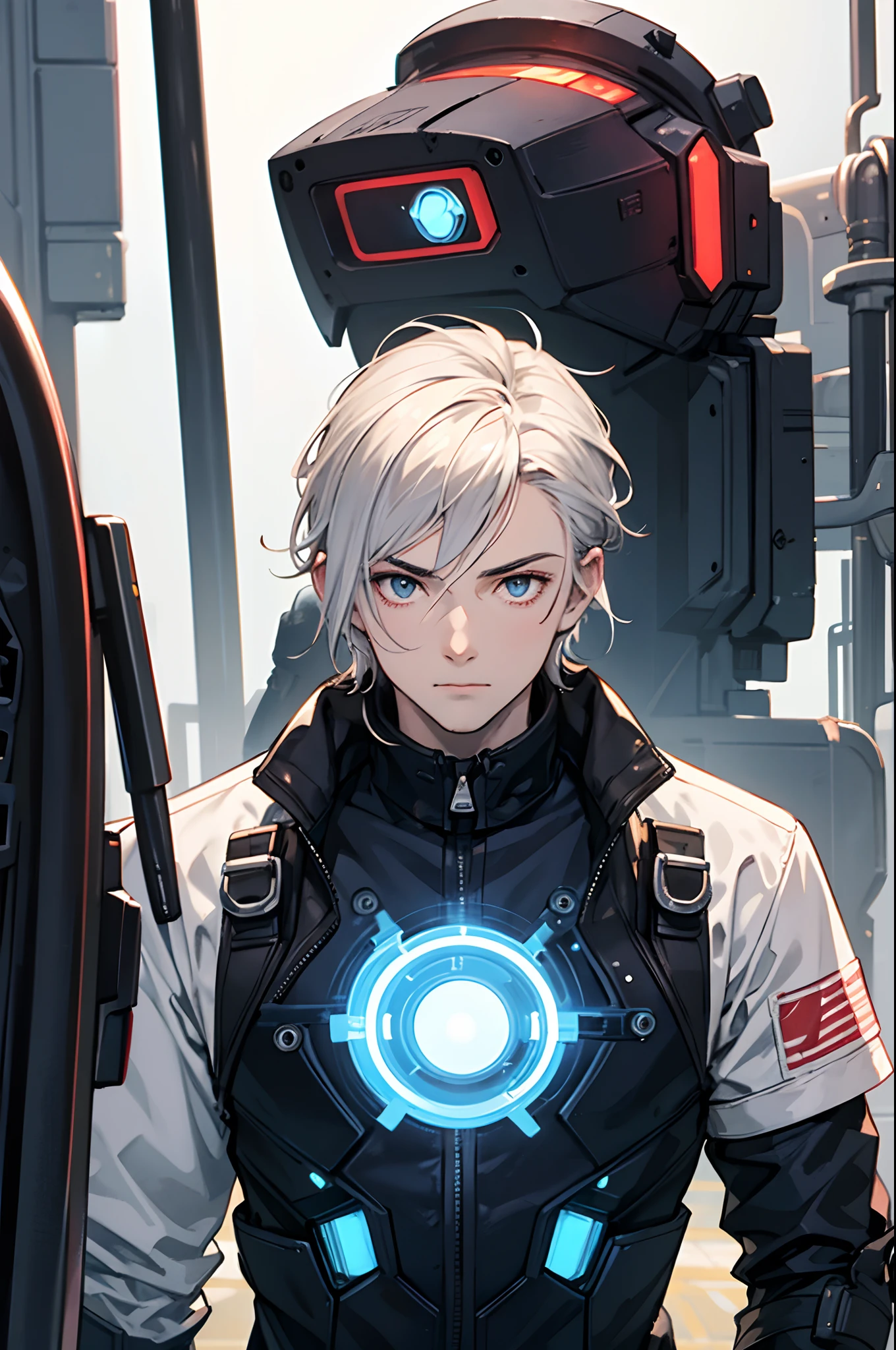 A 15-year-old teenage boy, a boy engineer and artificer, robot boy, height 1.6m, weight 60kg, pale skin tone, without a beard, without a goatee, no facial hair, no body hair, white hair color, straight hair, pointed ears, futuristic black jacket, cyberpunk black clothes, anime robotic mixed with organic, silver haired boy, cyber powers, scientific powers