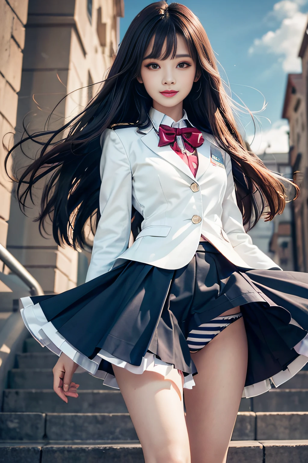 1girl in, Dark blue hair, Bangs, Long hair, Sparkling eyes, longeyelashes, makeup, lightsmile, depth of fields, One-person viewpoint, close-up, From below, wide angles, F/1.8, 135 mm, canon, nffsw, retinas, masutepiece, ccurate, Anatomically correct, Textured skin, Super Detail, high details, High quality, Best Quality, hight resolution, 1080p, 4K, 8K,(Female student climbing the stairs of school),46-point diagonal bangs,female students、((uniform: White blazer with emblem on the chest))、Translucent white blouse、(red bowtie)、（(Miniskirts in bright colors,Check stripe)（）、A smile,((Skirt soars in the wind)),((White T-back panties are visible)),((posterior view)),((Looks Back))、