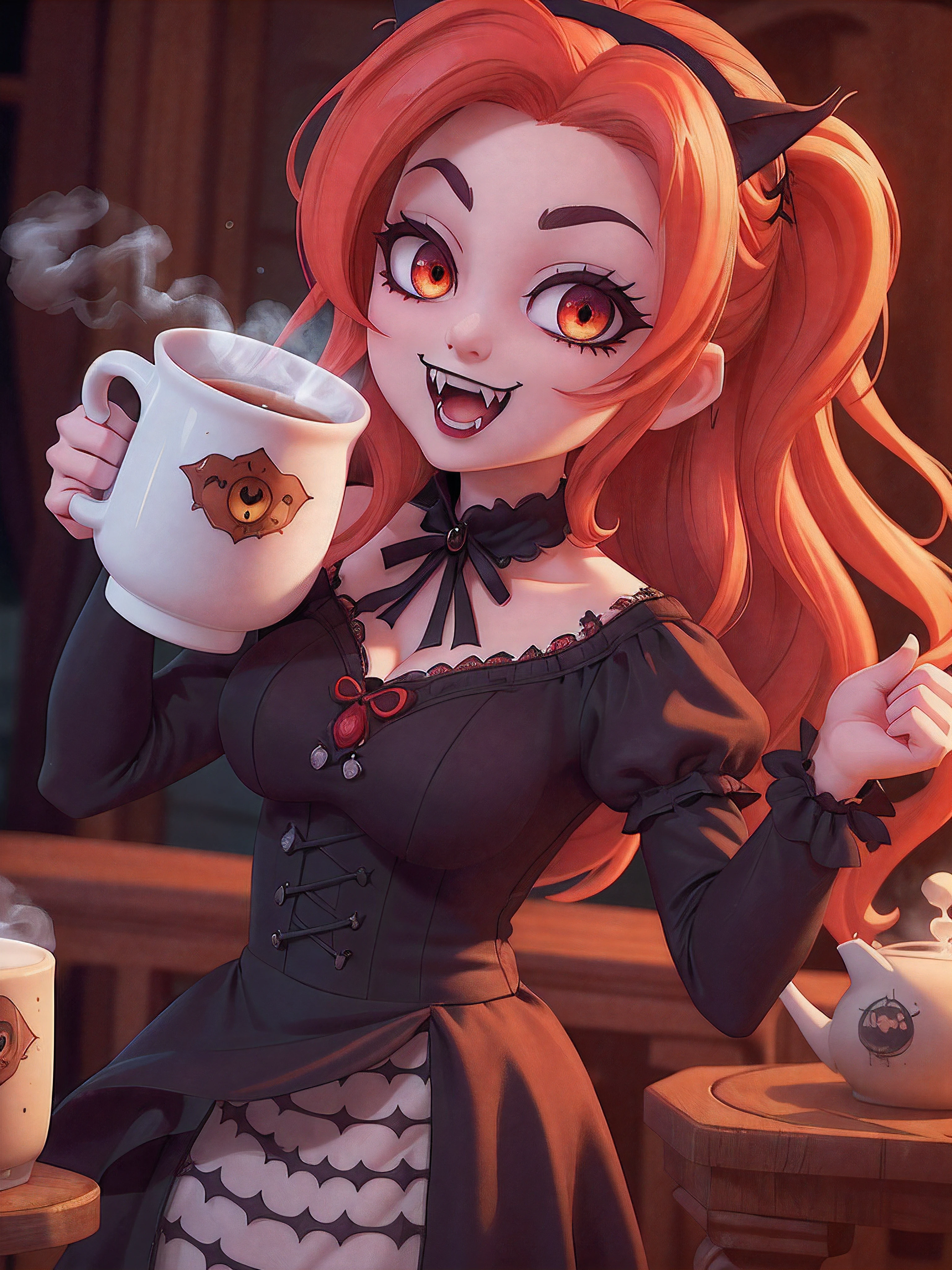 fangs, (professional 3D), (close up shot:1.3) beautiful ((vampire catgirl)) (maid outfit) (vivid big eyes) (standing) (((looking at the viewer))) (holding a big mug of steaming tea), ((gothic palace)), masterpiece, 4k, highly detailed, cinematic lighting volumetric lighting, (((mysterious))), rosy