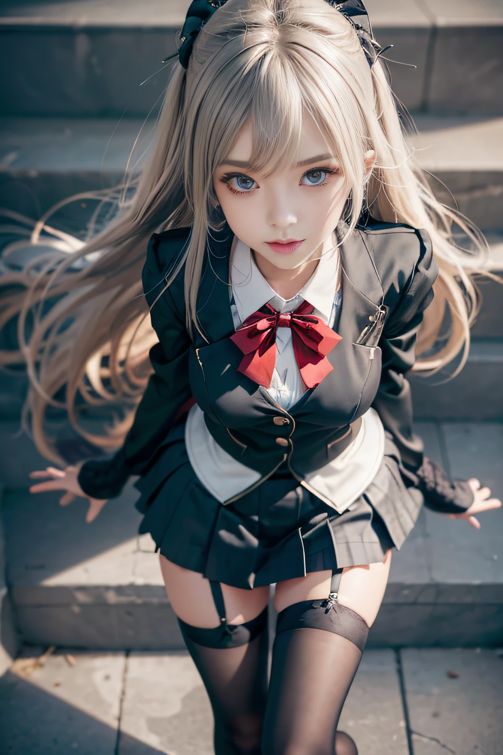 1girl in, Dark blue hair, Bangs, Long hair, Sparkling eyes, longeyelashes, makeup, lightsmile, depth of fields, One-person viewpoint, close-up, (From below), (wide angles), F/1.8, 135 mm, canon, nffsw, retinas, masutepiece, ccurate, Anatomically correct, Textured skin, Super Detail, high details, High quality, Best Quality, hight resolution, 1080p, 4K, 8K,(Female student standing on the steps of school),46-point diagonal bangs,female students、((uniform: White blazer with emblem on the chest))、Translucent white blouse、(red bowtie)、（(Miniskirts in bright colors,Check stripe)（）、A smile,((Skirt soars in the wind)),((Holding the skirt with your hands)),Blonde woman in black dress posing in front of the wall, 2 b, 2b, misa amane *, misa amane, thighhighs and skirt, succubus in tight short dress, ( ( misa amane # ) ), very sexy costume, Garter Belt, goddess of Japan, loli in dress, nier-inspired, Nier : automata inspired