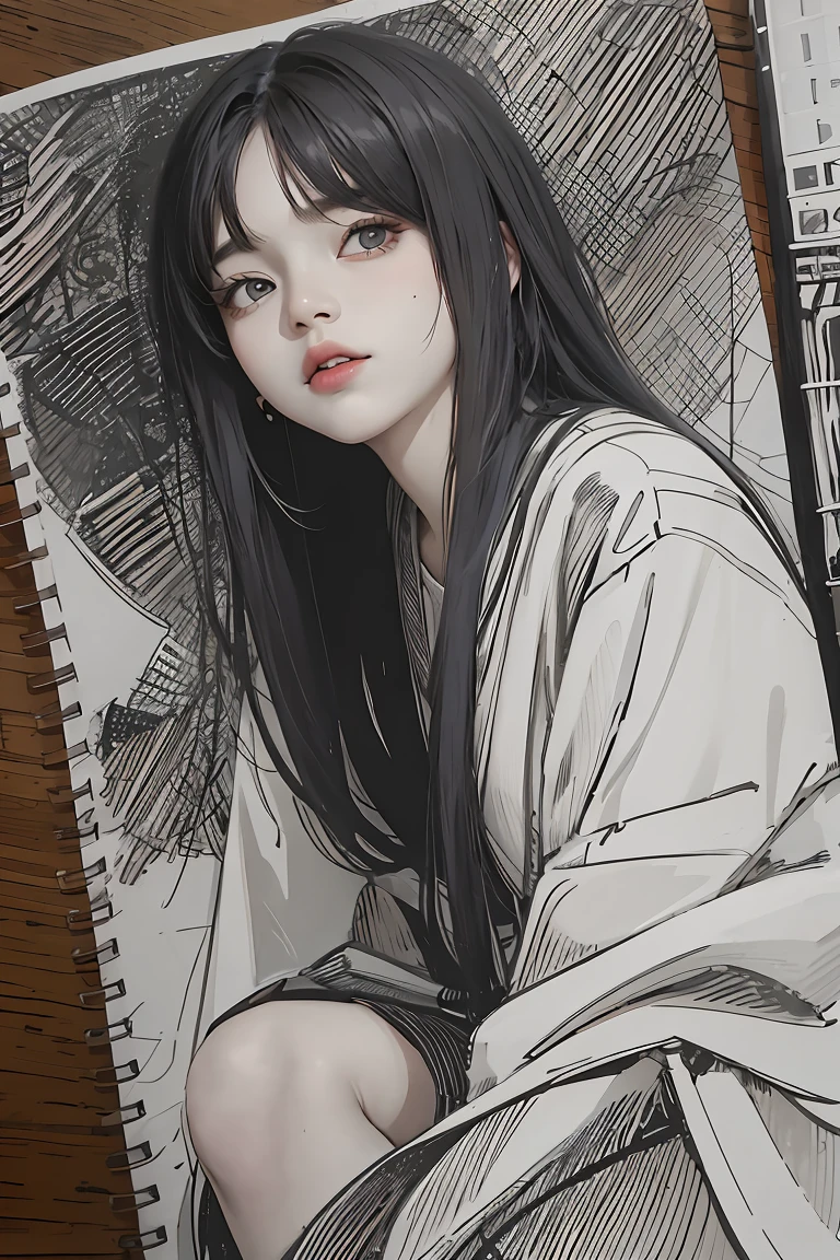 Hinata hyūga, fragmentos de color, cuaderno de bocetos, boceto dibujado a mano, boceto oscuro, arenoso, realista, tosco, Combination of bold dark lines and loose lines, bold lines, en papel, hoja de personaje giratoria, mujer, cuerpo completo, arcane symbols, runas, entorno oscuro, cabello azul ondulado parcialmente trenzado, hermoso, atractivo, ropa de cuero acolchado con runas bordadas, modestas botas de cuero bordadas con runas fondo oscuro, bien detallado, thick lines, fondo distorsionado