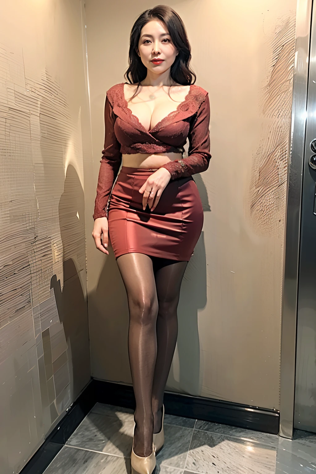 Stiletto heels,wavy and long hair,Tight long sleeves,Tight skirt,Heavy makeup,Redlip,White skin,mature, The cleavage is deep,being thin,full bodyesbian,very Bigger breasts,Long legs,You can see the whole body,Flesh-colored pantyhose,in an elevator,standing on your feet
