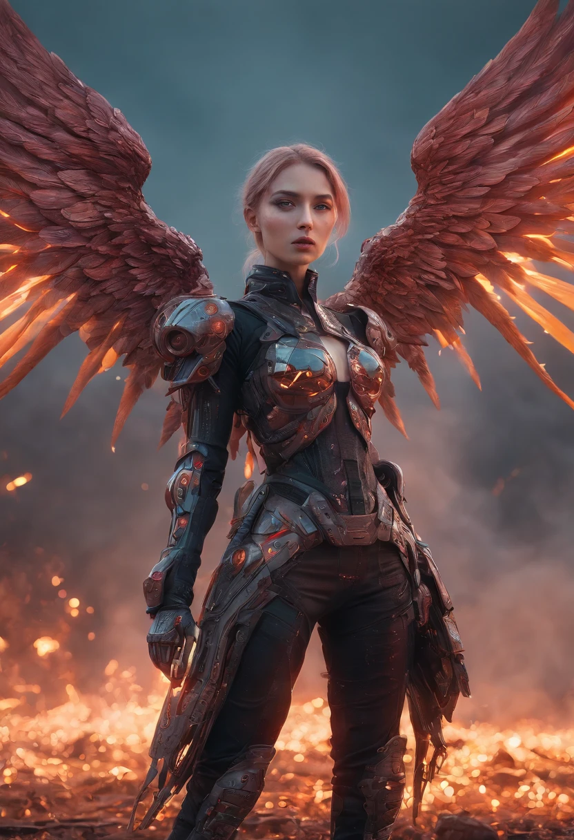 Cosmic cyberpunk Fallen Angel wearing Neon Mecha Armour, Flaming Sword glowing light eyes, Biomechanical, eerie, Creepy, nightmarish, Very bright neon colours, Light particles, with light glowing, , Mushroom Cloud, winner of the year's best photo, the world on fire, post-apocalyptic hellscape military photography, photo epic of the year, fire on the horizon, epic cinematic shot, pure form, intricate detail, 8k post-production, High resolution, super Detail, trending on ArtStation, sharp focus, studio photos, intricate detail, Very detailed, By Greg Rutkowski, Mshiff, wallpaper art, UHD wallpaper