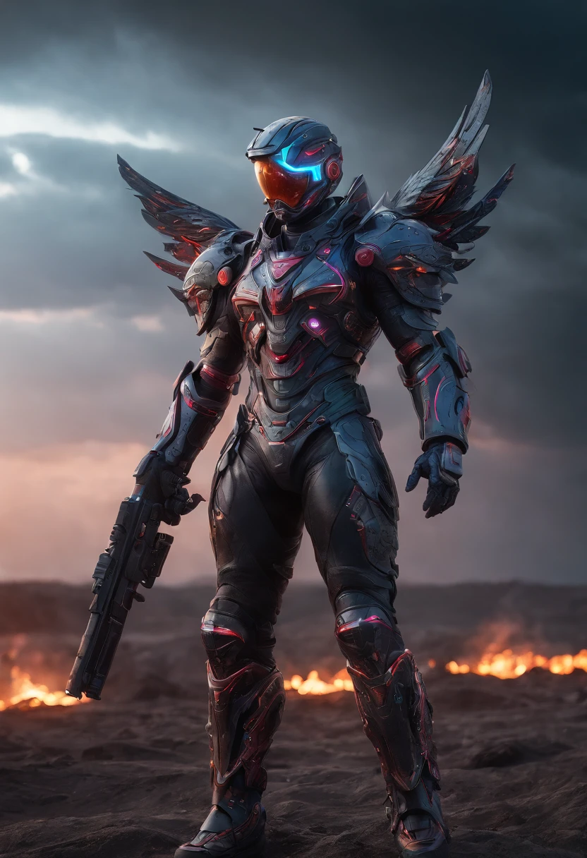 Cosmic cyberpunk Fallen Angel wearing Neon Mecha Armour, Flaming Sword glowing light eyes, Biomechanical, eerie, Creepy, nightmarish, Very bright neon colours, Light particles, with light glowing, , Mushroom Cloud, winner of the year's best photo, the world on fire, post-apocalyptic hellscape military photography, photo epic of the year, fire on the horizon, epic cinematic shot, pure form, intricate detail, 8k post-production, High resolution, super Detail, trending on ArtStation, sharp focus, studio photos, intricate detail, Very detailed, By Greg Rutkowski, Mshiff, wallpaper art, UHD wallpaper