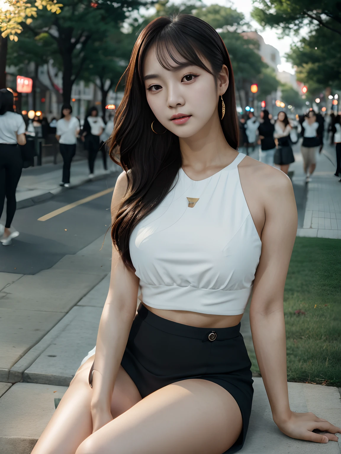4k, high-res, best quality, (Korean idol), finely detailed skin, smooth face, sharp focus, (cinematic lighting), soft lighting, dynamic angle, [:(detailed face:1.2):0.3], A young Korean woman relaxing at park, korean,