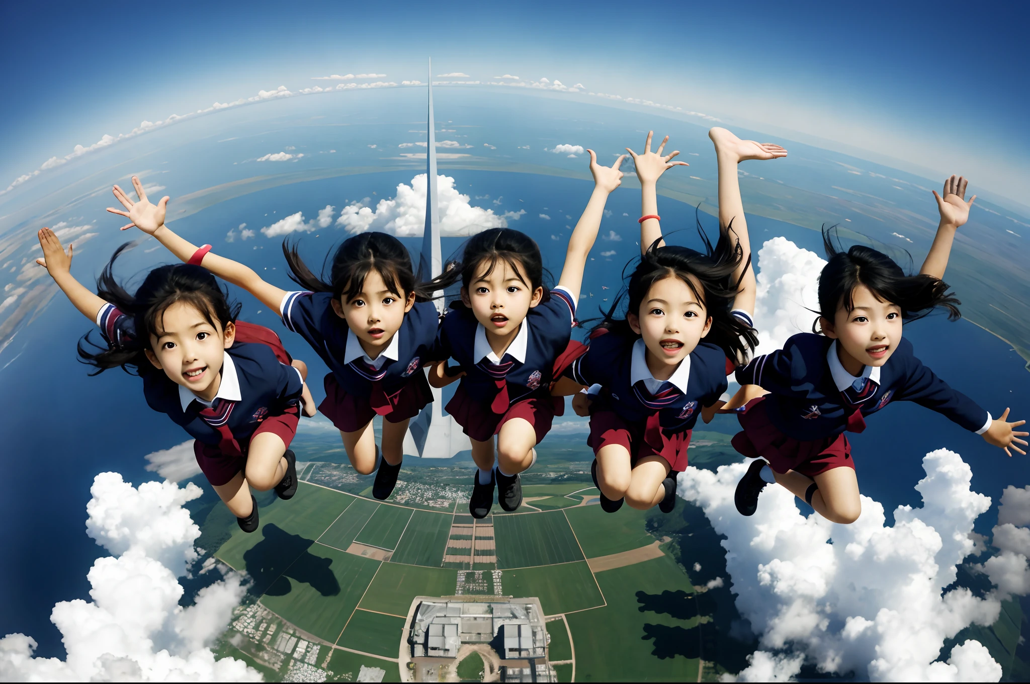 From below, Photo of a beautiful Japanese young idol, floating in the air, midair, skydiving, 10 meters high, cityscape, smiling politely, short hair, wearing a revealing swimsuit, Zero-gravity Boots, ultra-detailed,natural lighting,vibrant colors, full-body, wide-angle lens