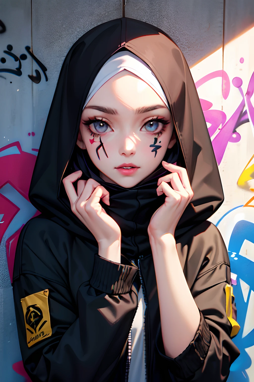 ,1girl, solo, pretty face, eyelashes, nose, glossy lips, (detailed eyes, looking at viewer, fair skin, white skin: 1.5), smooth skin, wearing hijab, 8k portrait of beauty in hijab, intricate, graceful, highly detailed, majestic, digital photography, hyper realistic, Masterpiece, Best Quality, All parts of the body except the face and hands are covered with clothing, Tudung, ((do not let the hair come out of the hijab)), full hijab, ((all parts of the body covered by clothes except the face)), Best Quality, (graffiti:1.5), paint splatter, jacket, On wall, paint can, looking at viewer, head slanted, clothing color palestine flag, (Wear a cyberpunk hooded military uniform), cyberpunk city